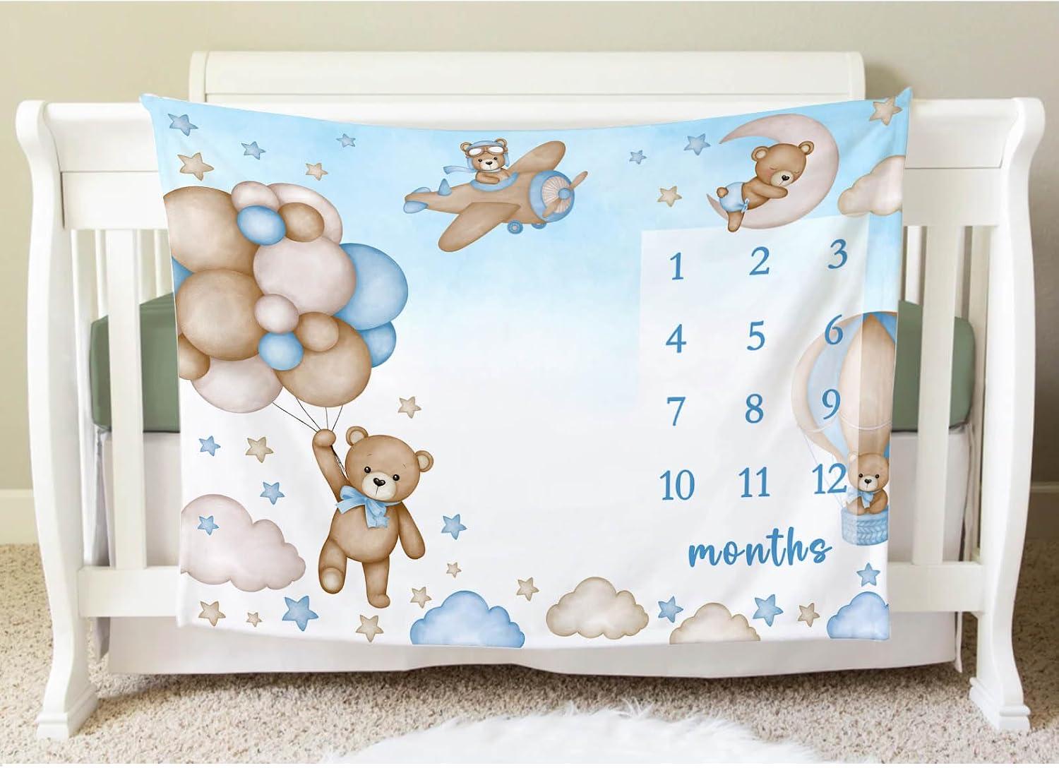 Yuzioey Bear Milestone Blanket for Boy, Blue Bear Balloons Baby Growth Chart Monthly Blanket, Watch Me Grow Boy Baby Nursery for New Moms Shower(50"x40")