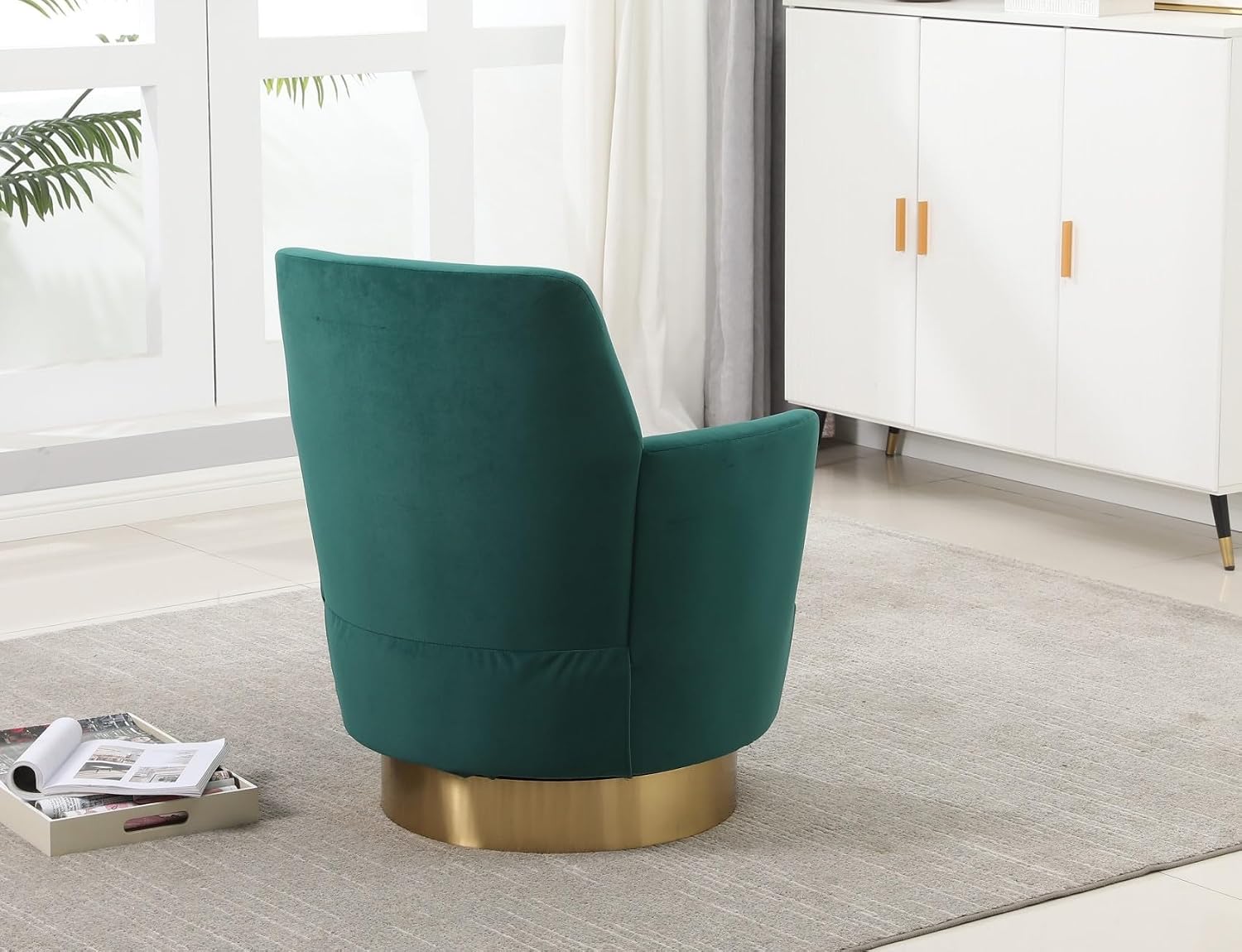KEIKI Velvet 360° Swivel Barrel Chair with Stainless Steel Base, Accent Round Single-seat Upholstered Reading Sofa Armchair for Nursery, Reading, Living Room, Bedroom, Lounge, Hotel, Emerald Velvet
