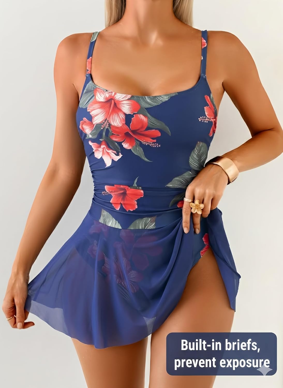 Women's Mesh Skirted One Piece Swimsuit Tropical Printed Backless Swimdress Tummy Control Bathing Suit Tie Back - Image 4