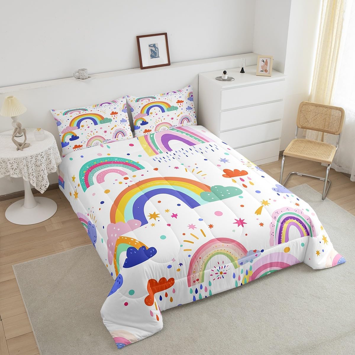 Erosebridal Kawaii Room Decor,Rainbow Queen Comforter Set Toddler Bedding Set for Kids Boys Children,Cute Clouds Watercolor Raindrop Girls Quilt,Country Decor Flowers Rainbow Room Decor