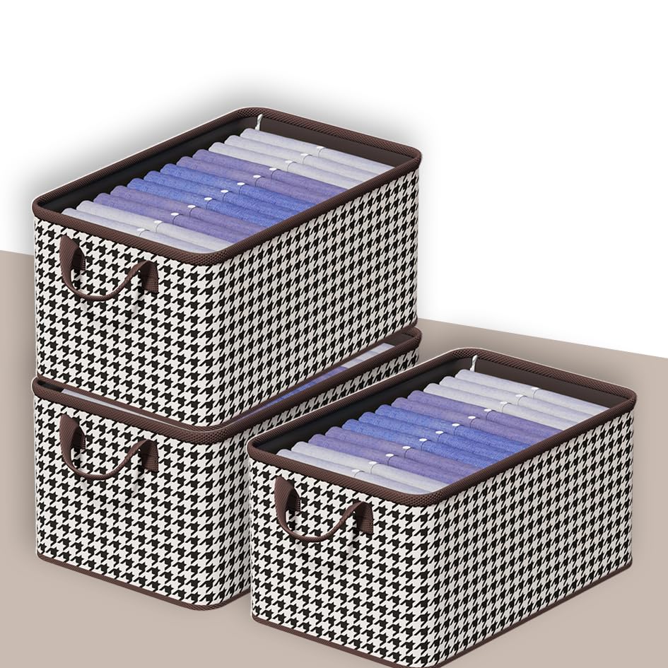 Image of PRIME PICK Foldable Clothes Storage Organizer Box with Handles, Non Woven Wardrobe Storage Bag for Clothes, Blankets and Toys, Black White (Black White Pack of 3)