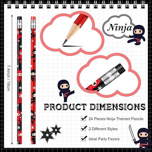 Miniatura 3 de Nezyo 24 lápices ninja para niños, lápices de recuerdos de fiesta Ninja con borrador, decoraciones de fiesta de cumpleaños para regalo de regreso a