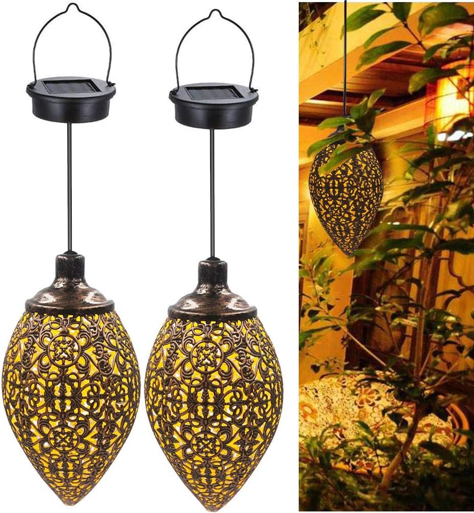 2 Pcs Hanging Solar Lights Solar-Powered Lantern LED Garden Lights Metal Lamp Waterproof for Outdoor Hanging Decor