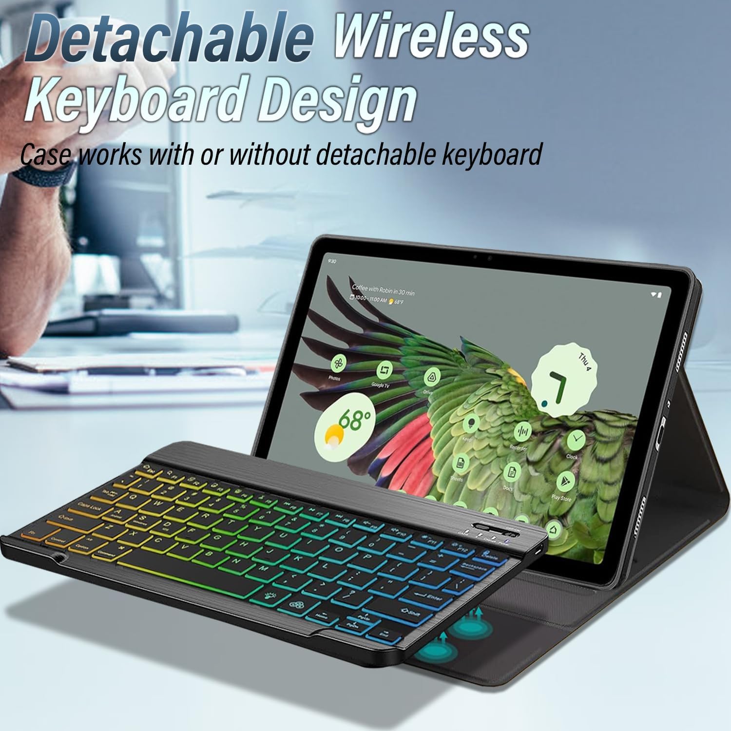 Case with Keyboard for Google Pixel Tablet 11 Inch 2023 Release, Rainbow Backlight Detachable Bluetooth Keyboard Cover for Pixel Tablet