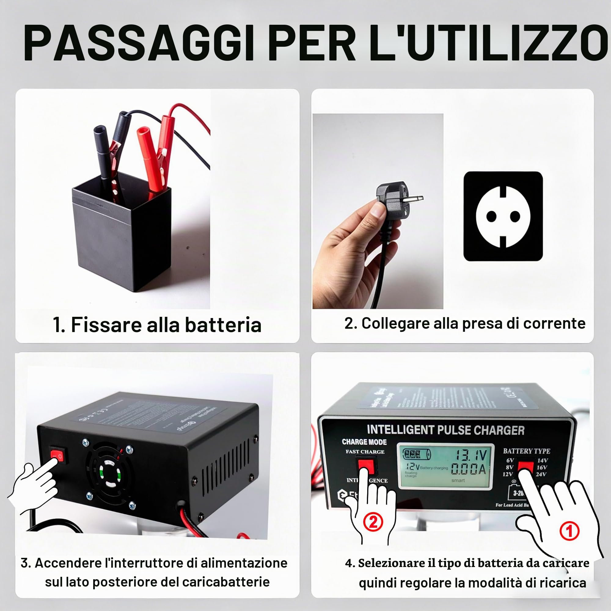 Etrogo Caricabatterie Auto 6V 8V 12V 24V 10A 250W Caricatore di Impulsi Intelligente Automatico con Funzione di Rilevamento Automatico Riparazione Manutenzione con Schermo LCD