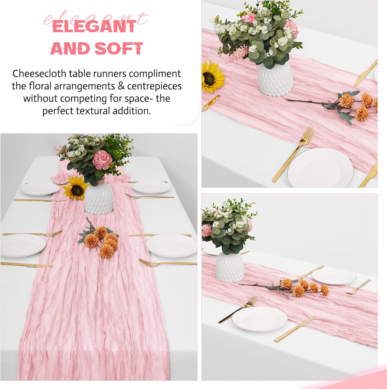 Aktor 12 Pack Pink Table Runner Boho Cheesecloth Table Runner Semi Sheer Gauze Fabric Runners for Wedding Birthday Baby Shower Party Boho Table Decoration（Pink）