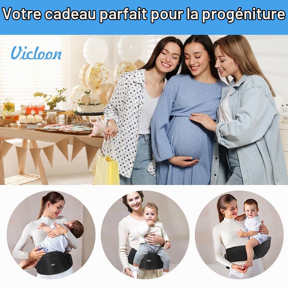 HOTUT Porte Bébé Ventral, Porte-bébé Siège, Ergonomique Tabouret Siège de Hanche, Siège de Hanche Multifonction pour Bébé de 3 à 36 Mois, Taille Réglable, Toutes Saisons-Noir