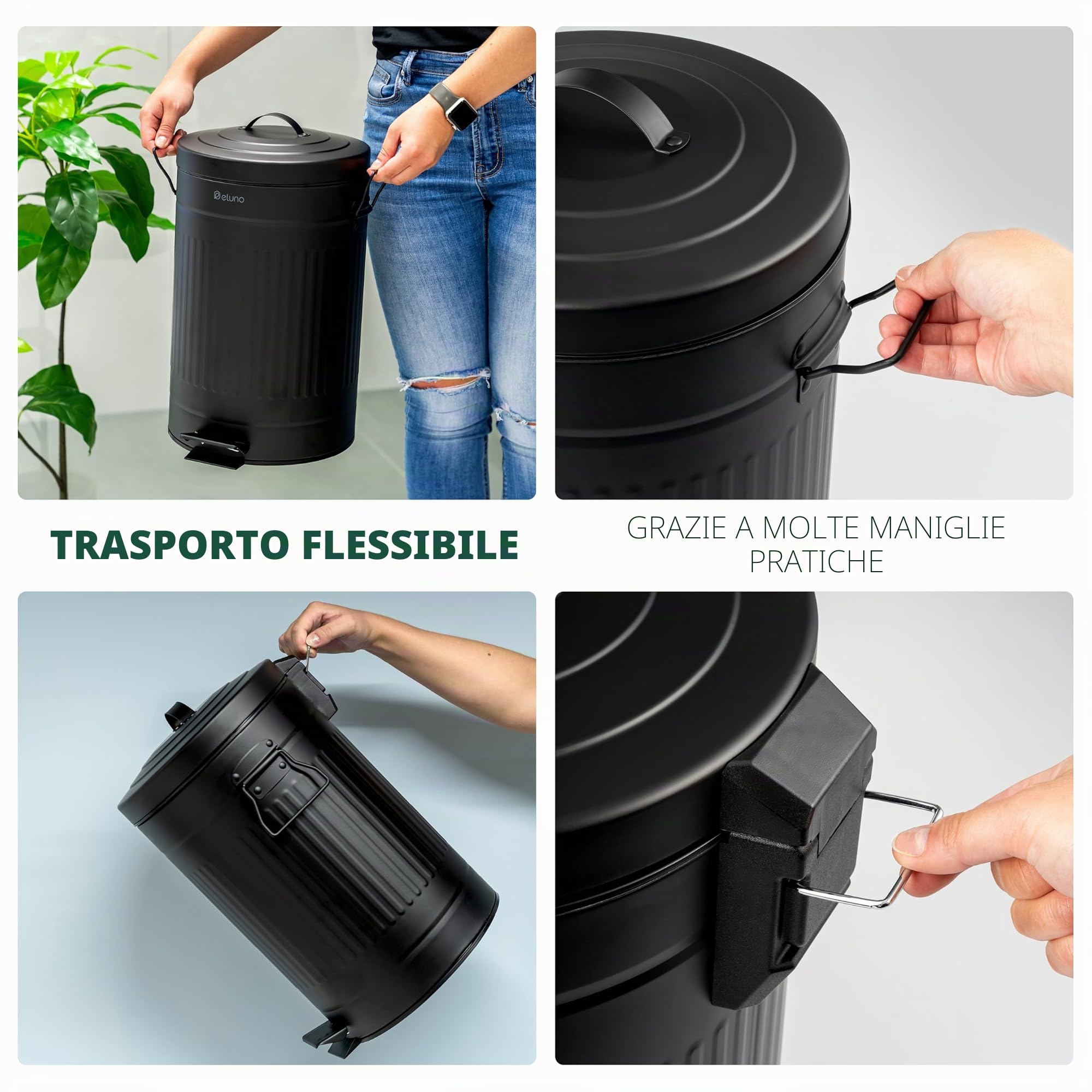 eluno Pattumiera vintage a pedale da cucina, capacit? 12 litri, con secchio interno in plastica rimovibile in metallo (nero)