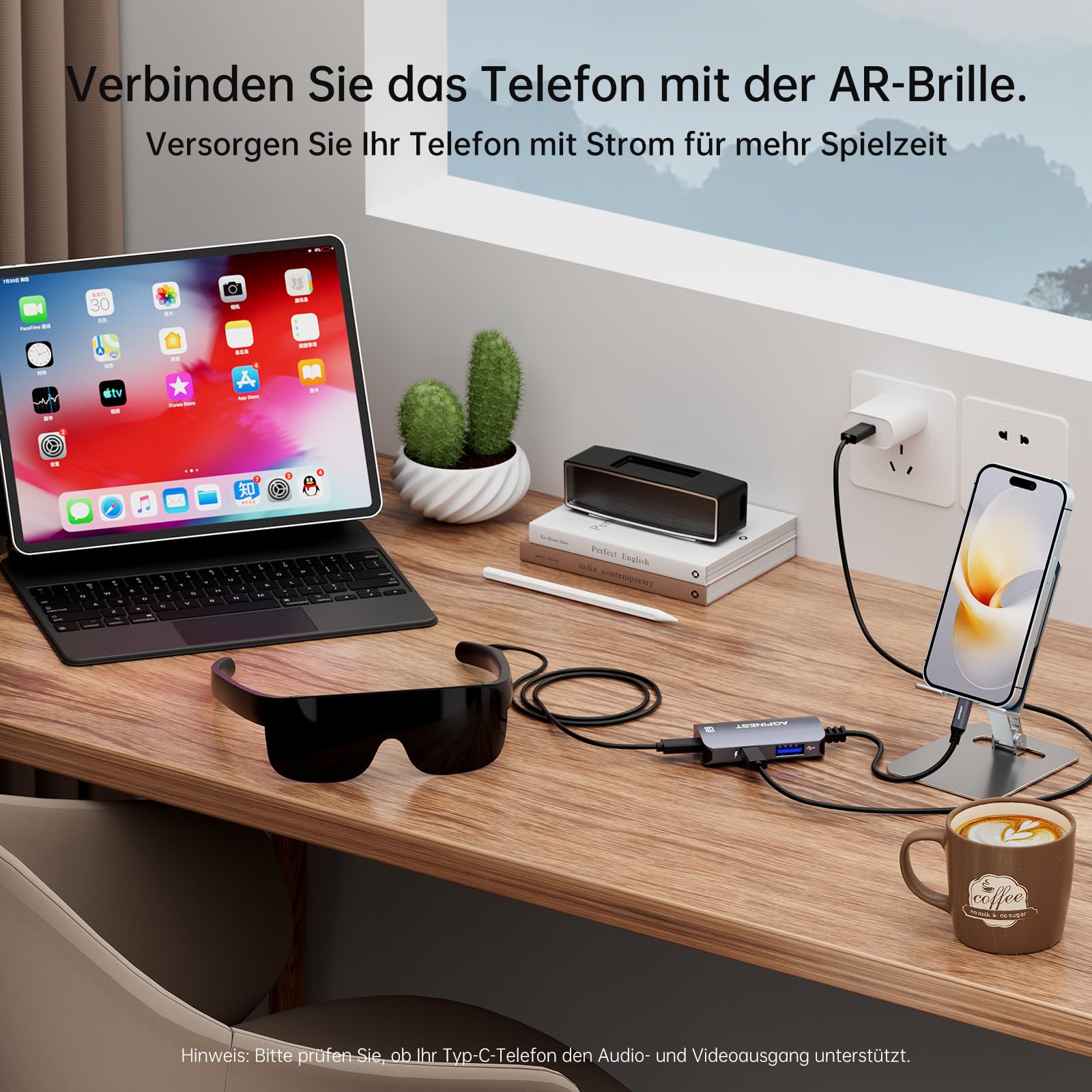 USB C zu AR-Brille mit Ladeadapter, Type C zu Monitor und Lade-Konverter 100W PD, 4K@60Hz Kompatibel für iPhone 15/16 Viture/Rokid/Xreal AR-Brille (USB2.0+USB C)