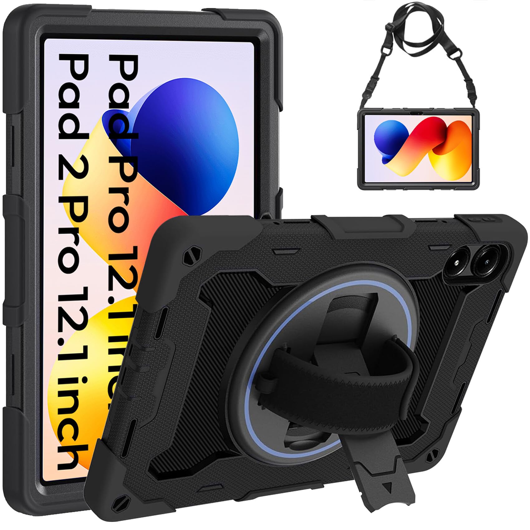 Robustrion Cover for Redmi Pad Pro 12.1 inch, Armor Shockproof Cover Case with [Shoulder Strap] and [360 Degree Rotating Hand Strap and Stand] for Redmi Pad Pro 5G 12.1" - Black-image-37
