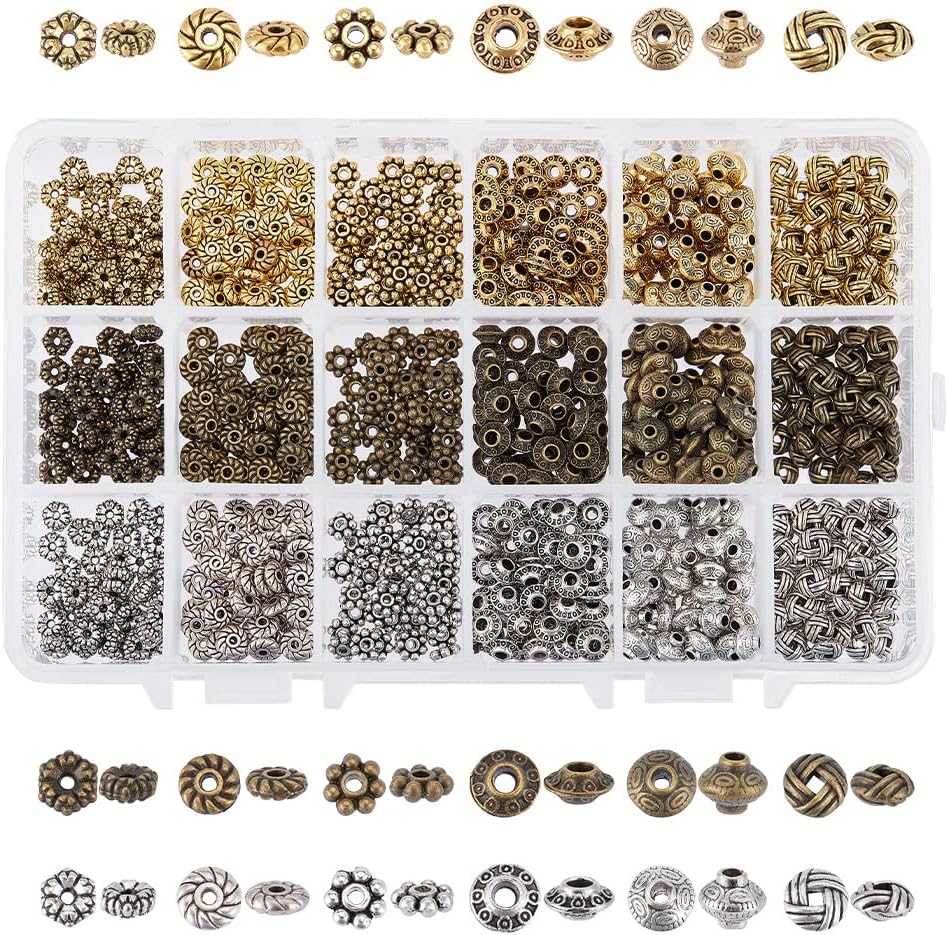 PH PandaHall 900pcs Metal Spacer Beads, 6 Style Tibetan Gear Bicone Flower Beads Alloy Jewelry Loose Beads for Bracelet Necklace Earring Jewelry Making(Antique Silver, Antique Bronze and Golden)
