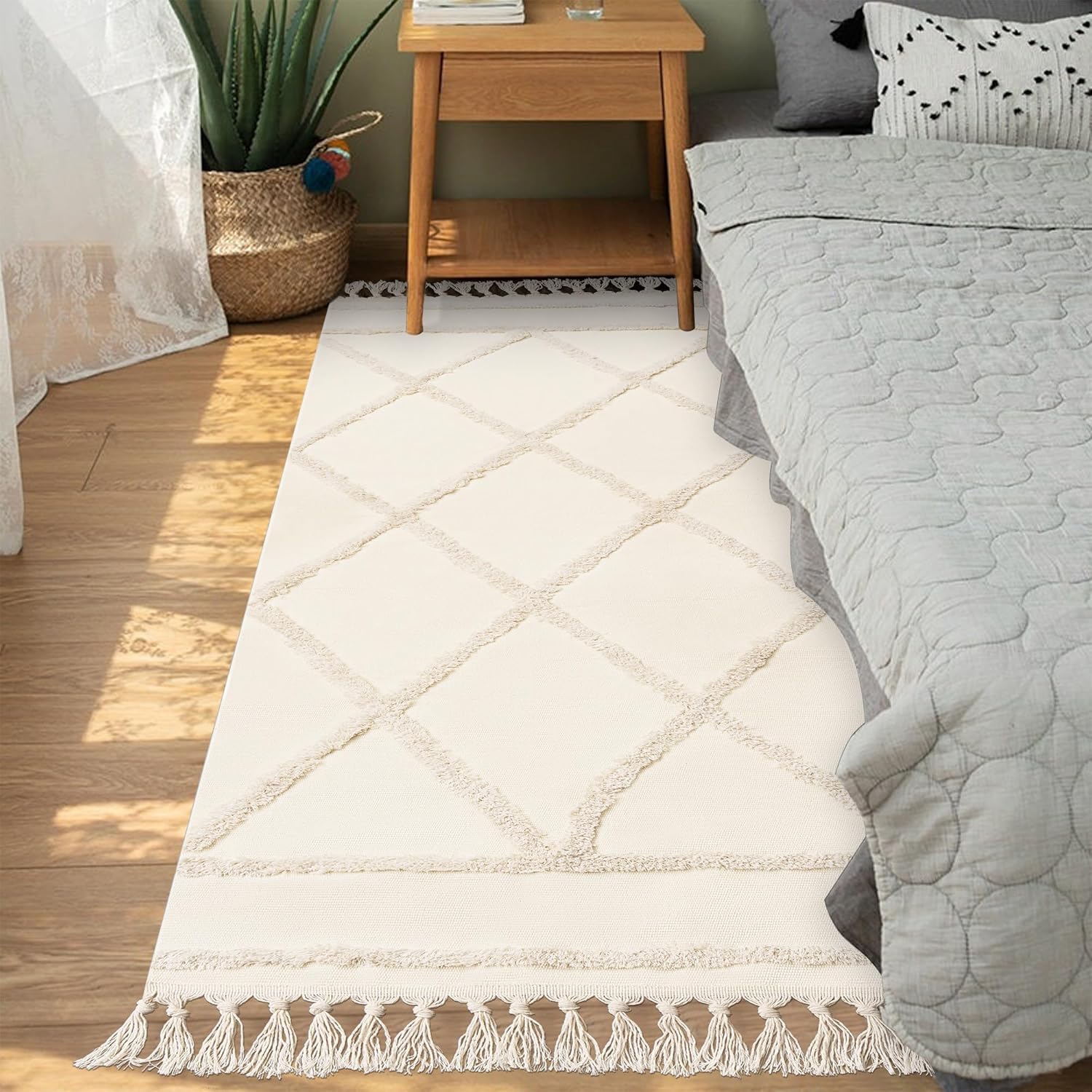 Tappeto passatoia boho beige, trapuntato in cotone con nappa, lavabile per bagno, cucina, soggiorno, camera da letto, corridoio, sala da pranzo (beige, 180 x 60 cm)