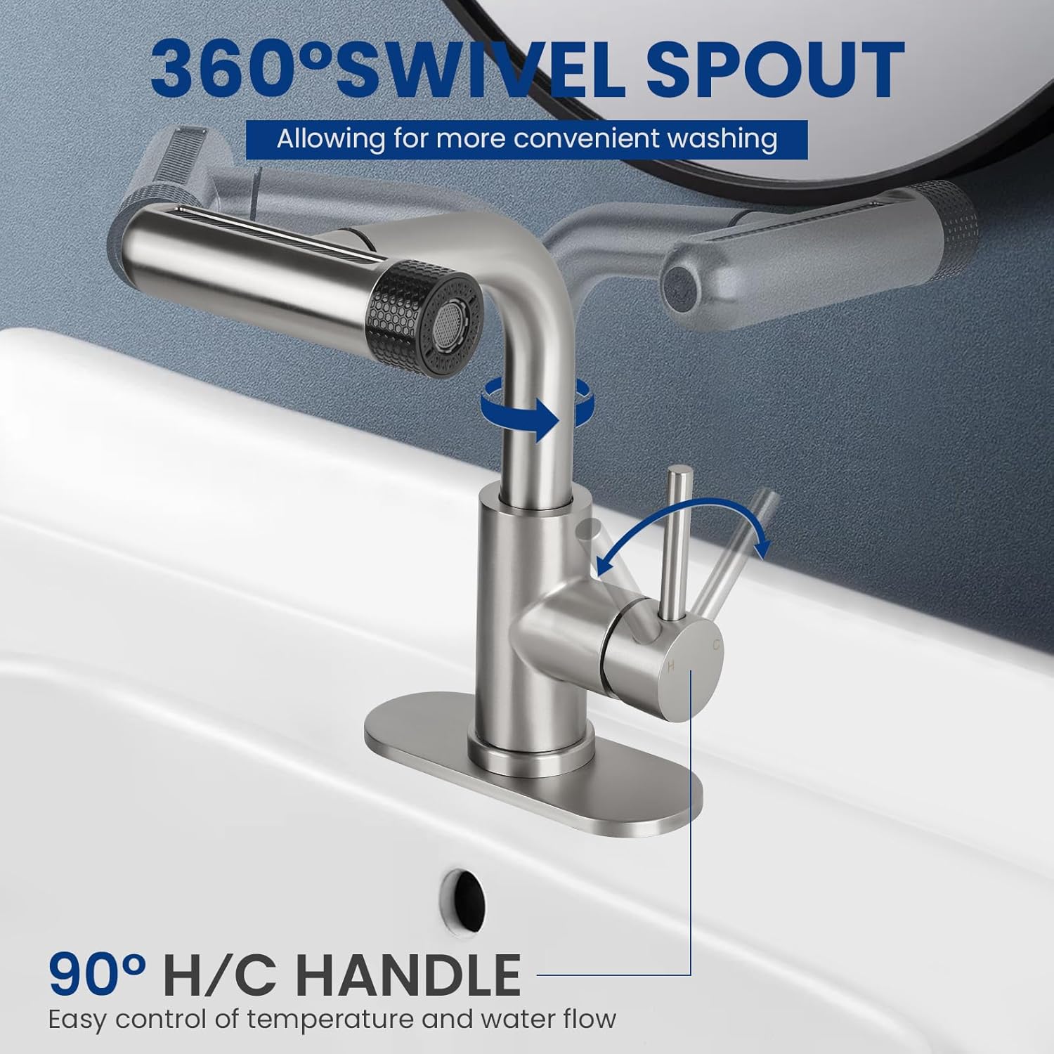 Brushed Nickel Bathroom Faucet with Pull Down Sprayer, 6 Water Mode, Single Handle, 1 or 3 Hole Bathroom Sink Faucet with Pop Up Drain for RV Bar Laundry Vanity