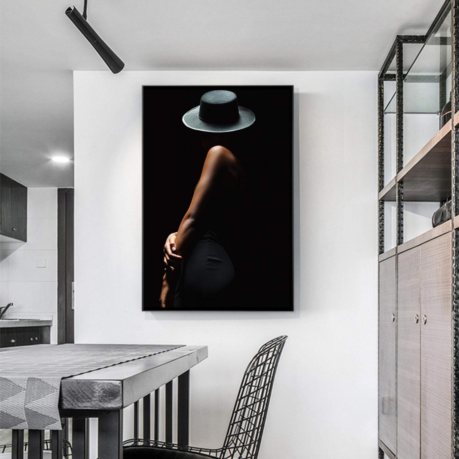 Cuadros de arte de pared Arte moderno de mujer Cuerpo Fondo negro Impresión de lienzo Carteles para decoración del hogar, Listo para colgar Marco interior de 60x90cm