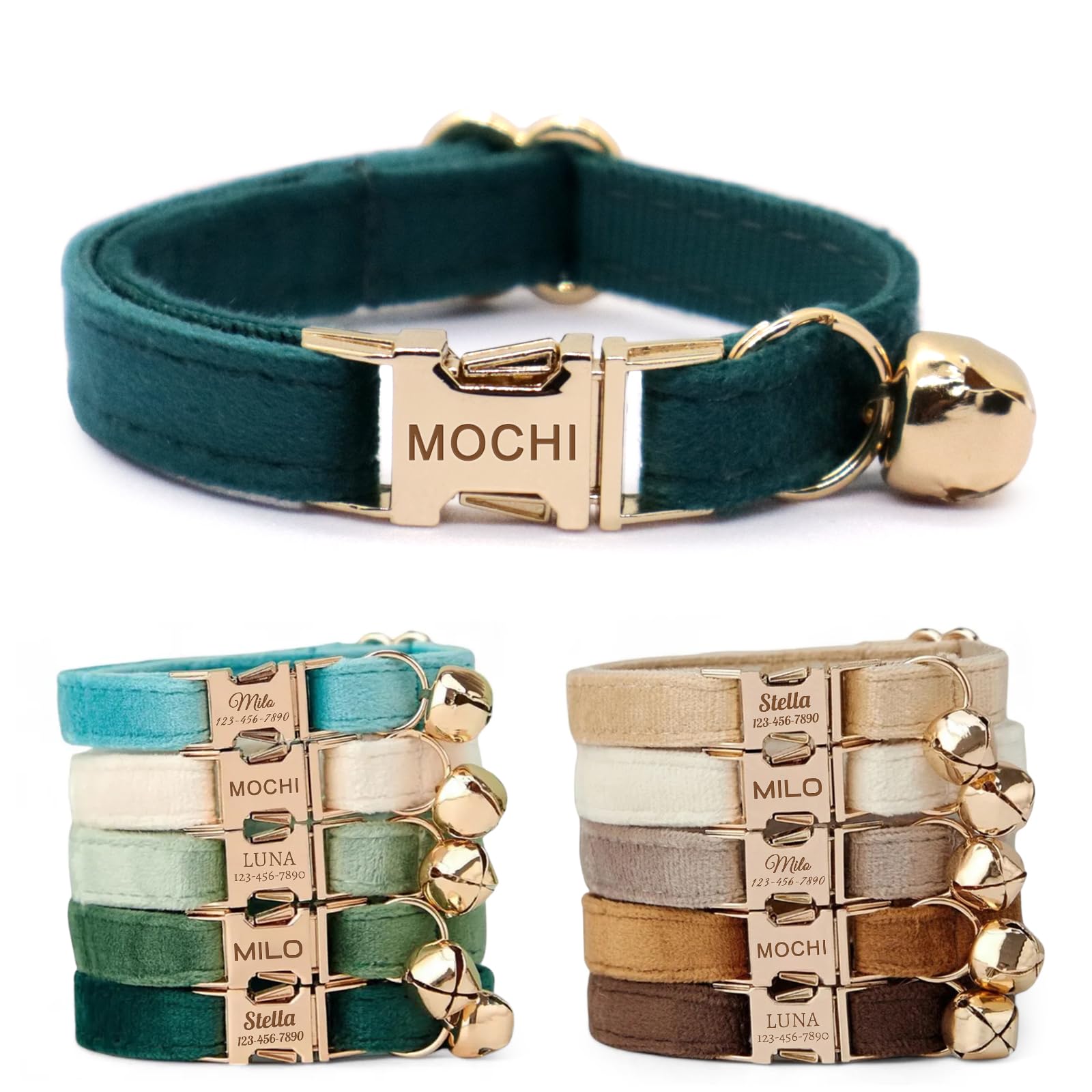 CHRYMPETIC Non-Breakaway Velvet Personalised Cat Collar with Name - Customisable Collar with Bell & Bow Tie Available (Teal)