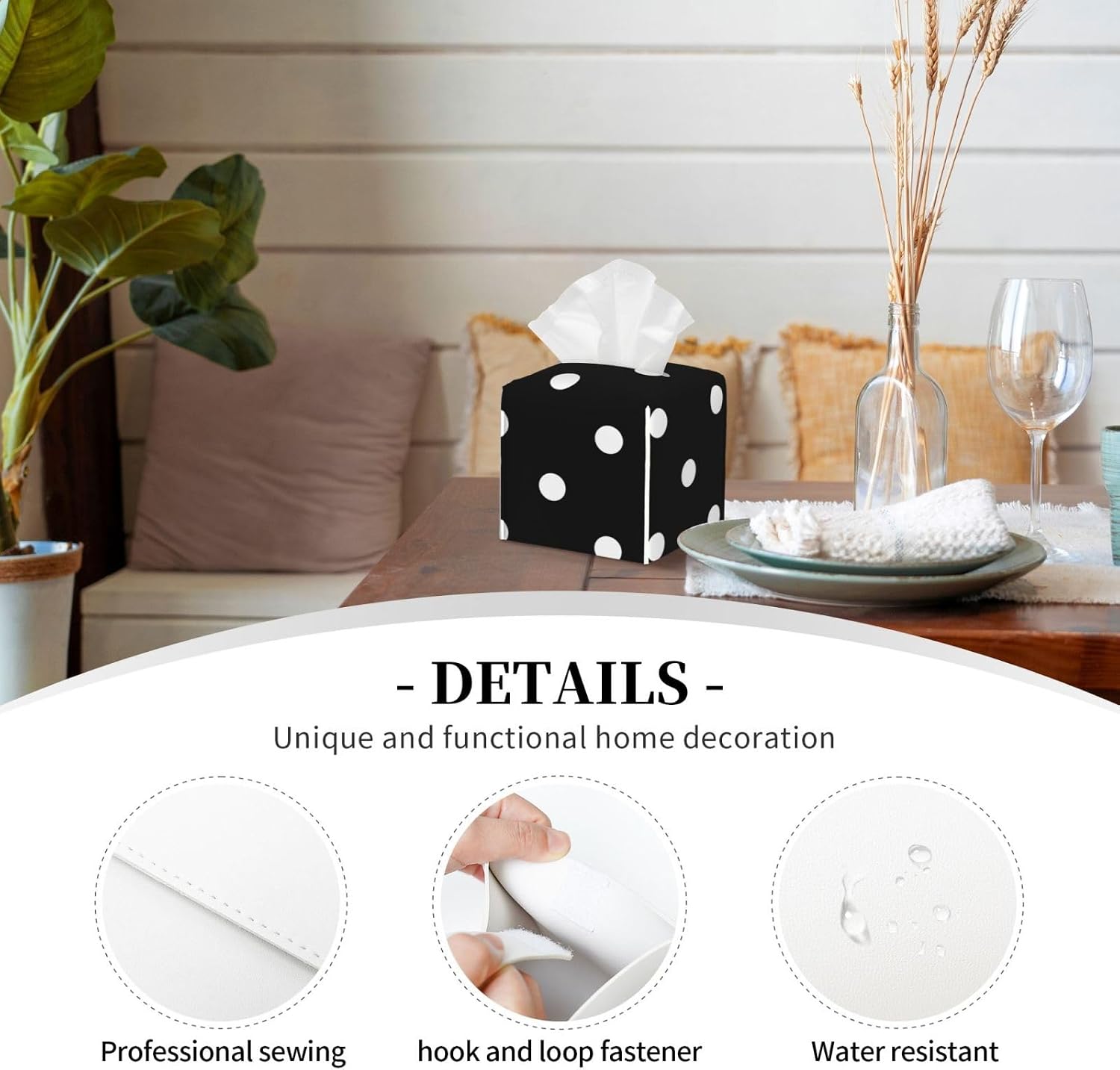Tissue Box Cover,PU Leather Tissue Box Holder,Black and White Polka Dot,Rectangular Tissue Box Covers for Kleenex,Napkin,Tissue Holder for Bathroom Home Office 5.2"X5.2"X5.2" image 2
