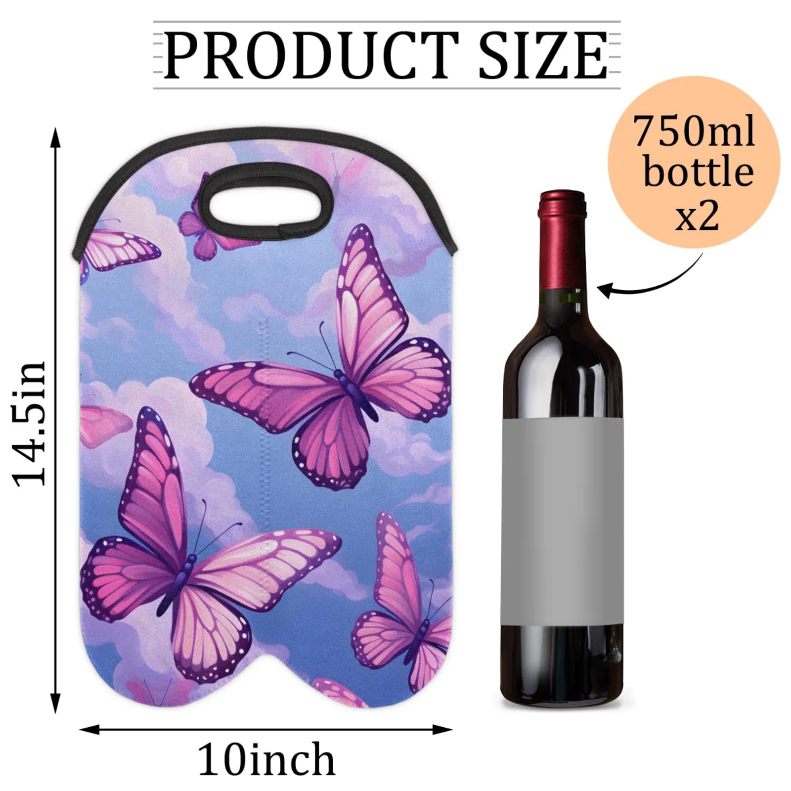 GzLeyigou 2 Bottles Purple Butterfly Wine Bag Sleeve Totes Butterfly Neoprene Protective Wine Carrier Bag for Wine,Water, Champagne, Beer, Baby Bottles,Gift 14.5 x 10 Inches