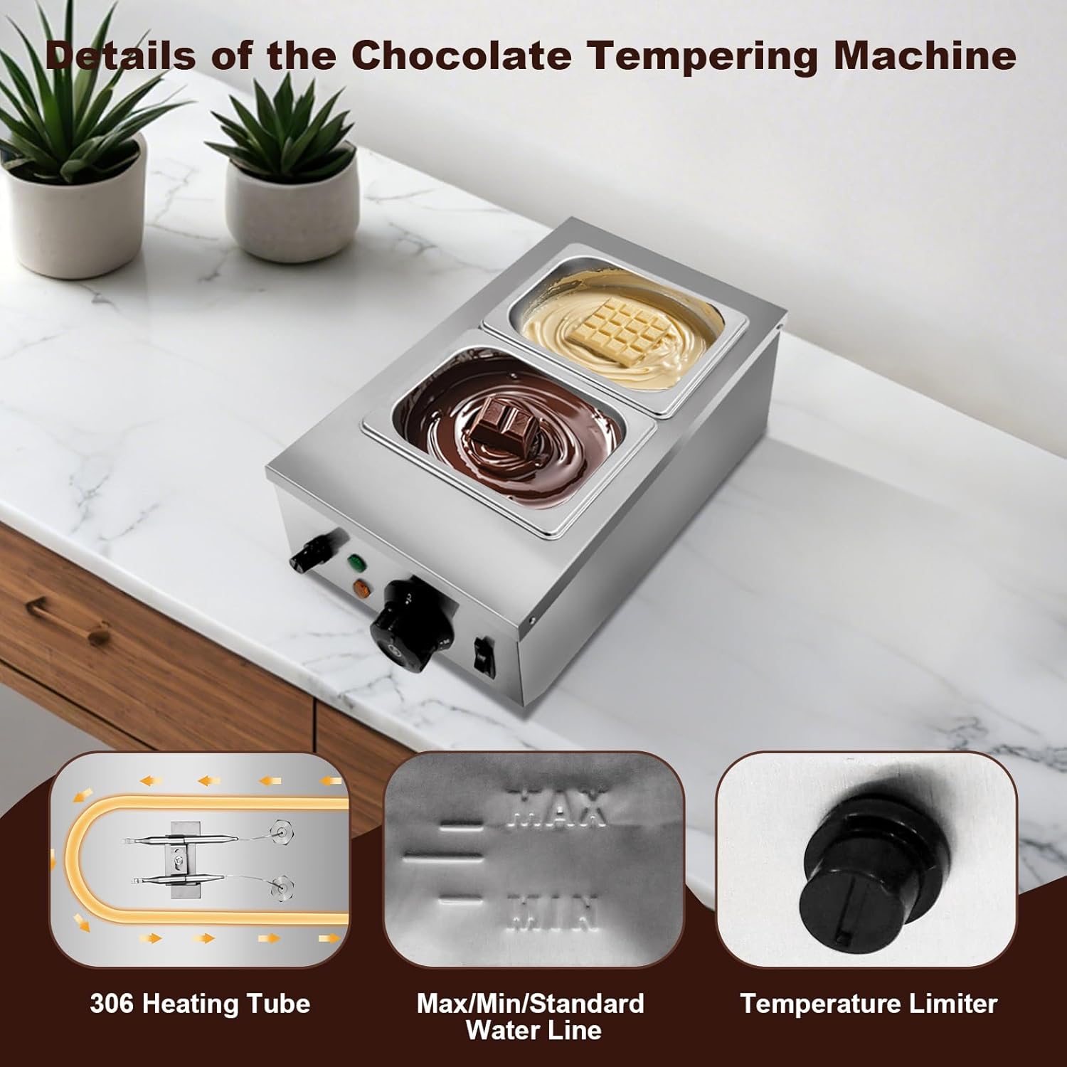 2 Tanks Chocolate Melter, Chocolate Tempering Machine with Lid and Temperature Limiter, Electric Chocolate Melting Pot for Milk Coffee Cheese, 800W