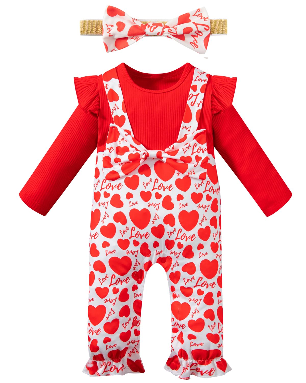 Baby Girl Valentines Outfit Ruffle Long Sleeve Romper Red Heart Print Jumpsuit with Headband (18-24 Months)