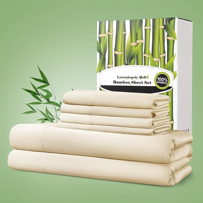 Shilucheng 100% Viscose Derived from Bamboo_ Sheets King Size 6pcs, Ultra Soft & Luxuriously Cooling Bed Sheets, Deep Pocket Up to 16", Hotel Silky Bedding Set (Beige)