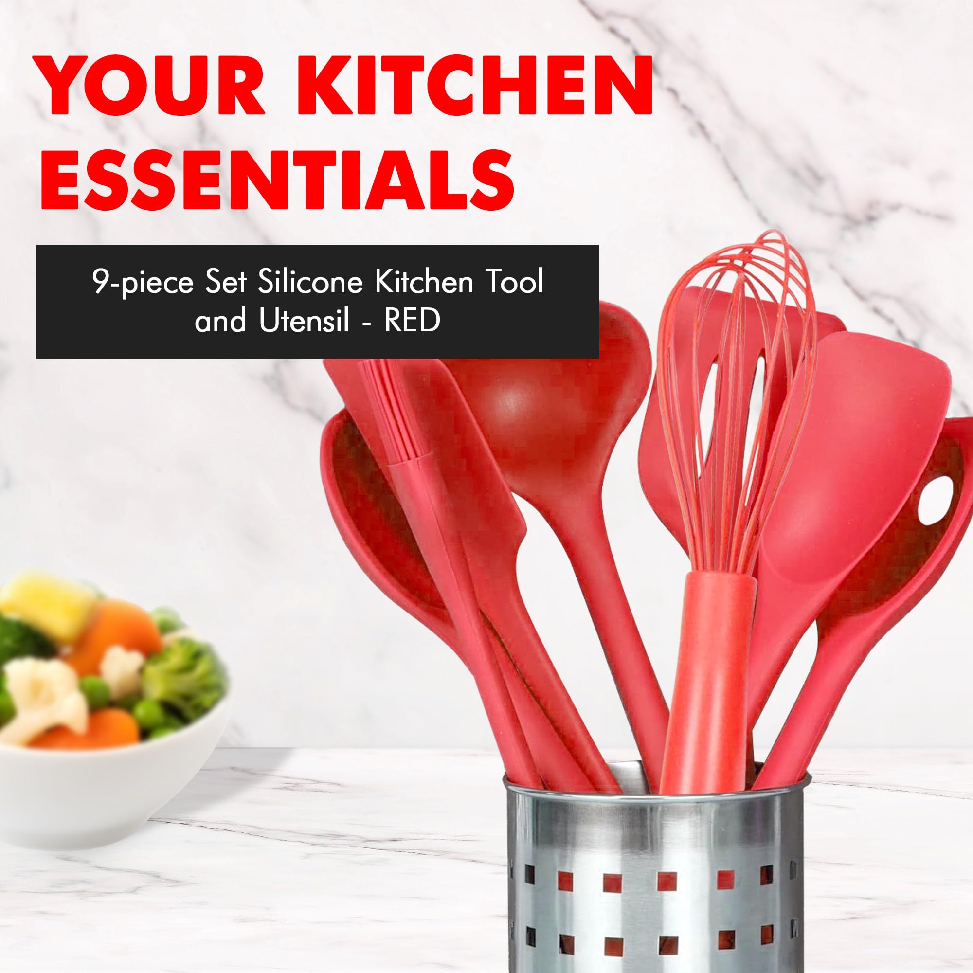 Chef Craft Juego de utensilios y utensilios de cocina de silicona premium, 9 piezas, color rojo
