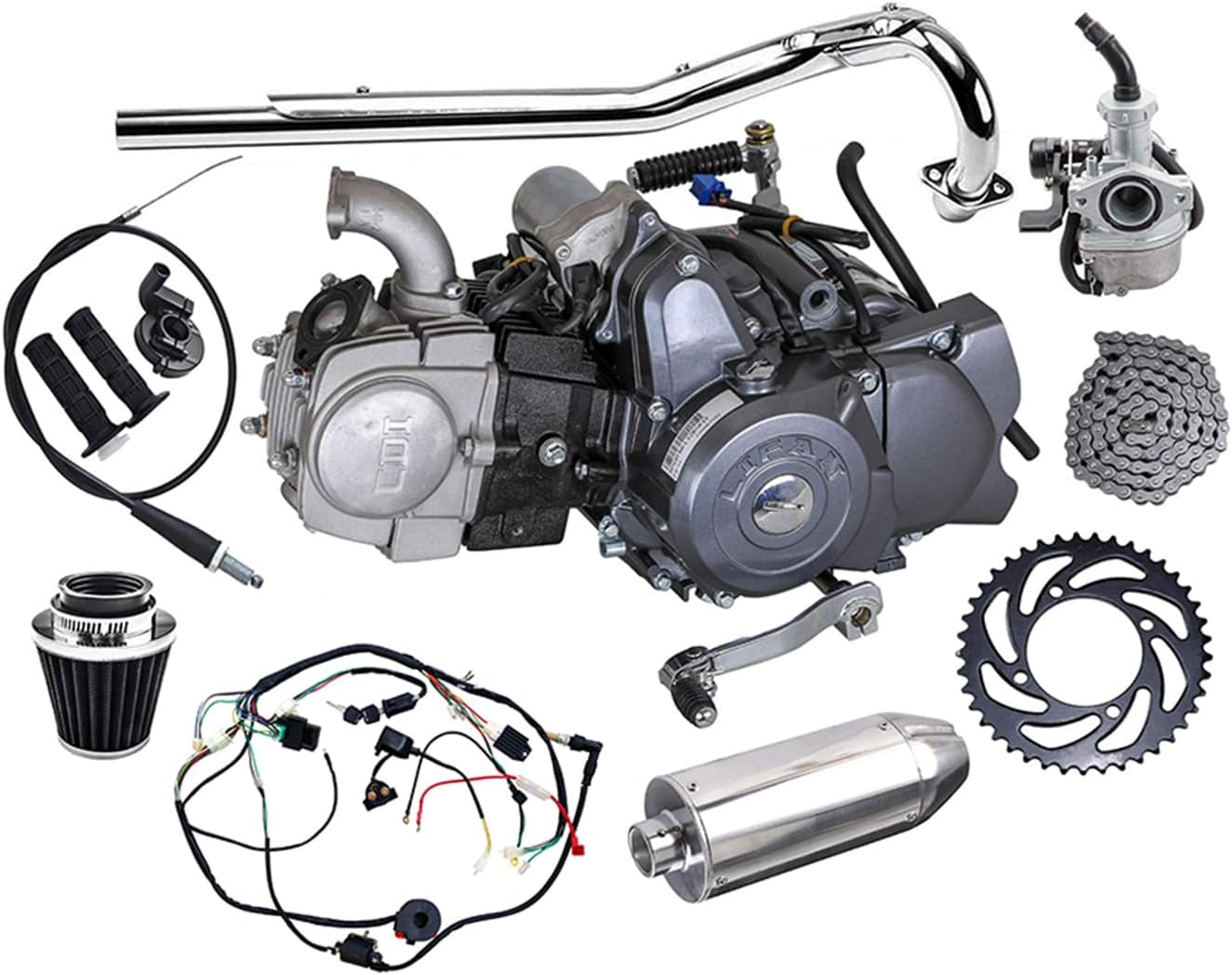 Complete set of Lifan 125cc Engine Semi-Auto 4 Stroke Motor with Wiring Harness Carburetor Chain Sprocket Pipe Kit for Trail Bike CT70 90 110 125 Dirt Bike Trike