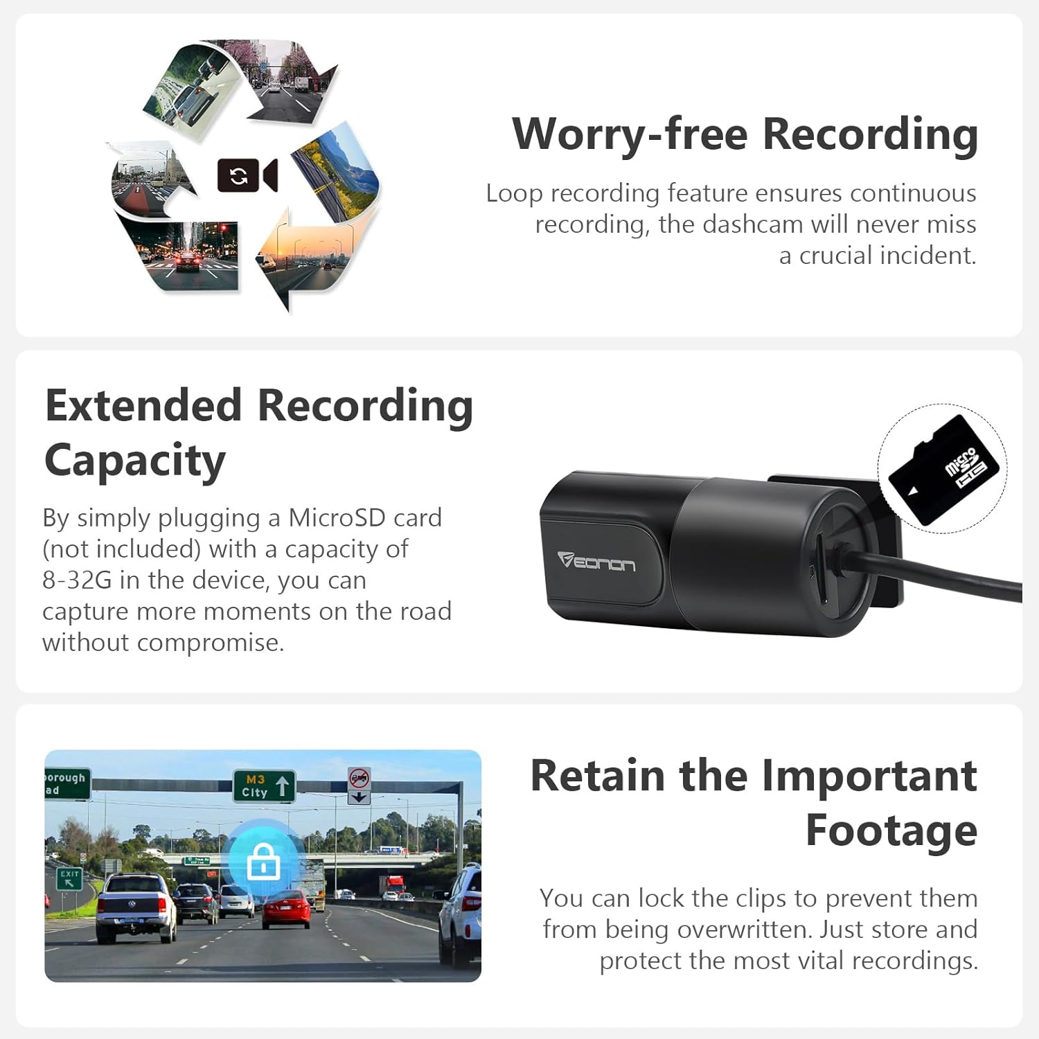 2025 Eonon 720P HD Dash Camera Recorder, 360°Adjustable Angle, Compatible with Eonon Android Car Stereos-A100