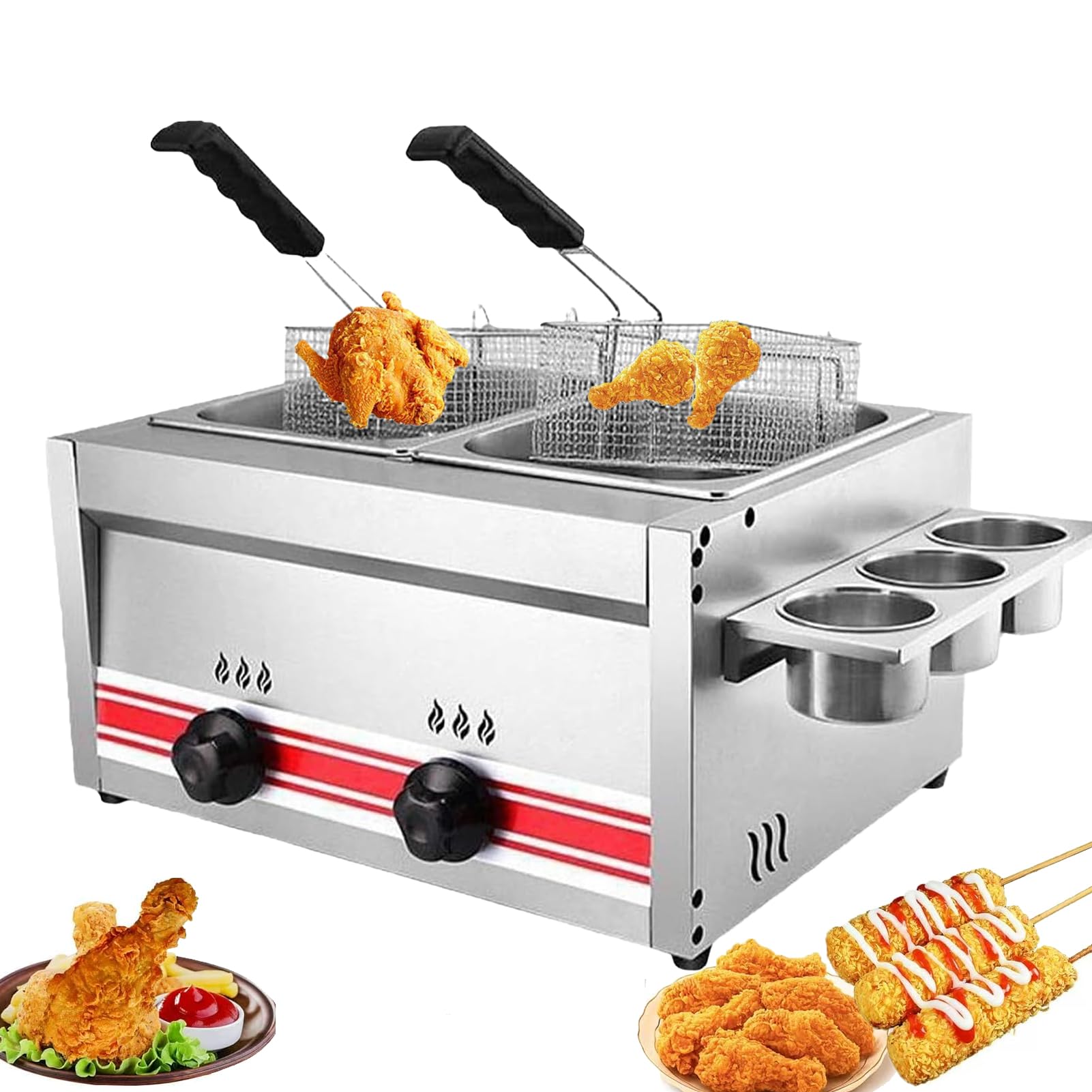 Freidora De Gas 20/30 L, Freidora De Gas Profesional De Acero Inoxidable Comercial con Cuchara De Cesta para Encimera De Restaurante Comercial MáQuina para Cocinar Alimentos