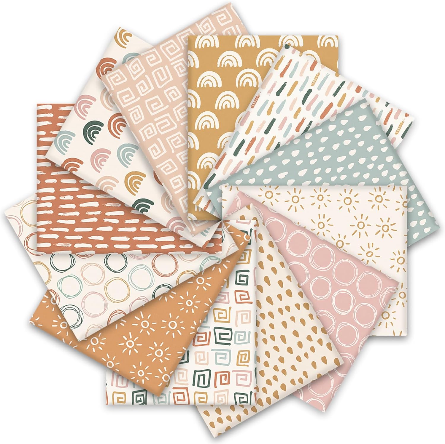 Whaline 12Pcs Boho Cotton Fabric Bundles Boho Sun Circle Raindrops Fat Quarters Sewing Fabrics for DIY Handmade Crafting, 18 x 22 Inch