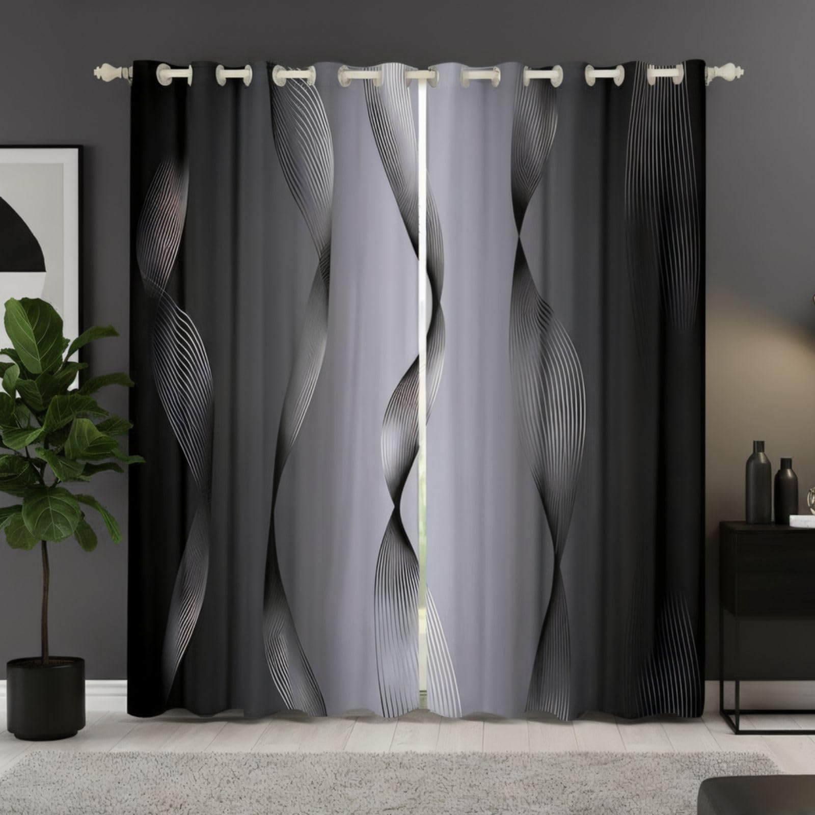 Homewish Gradient Black and Greyish White Blackout Curtains Ombre 2 Panels 52 x 63 Inch Curtains & Drapes - Trippy Spiral Silver Wave Line Curtains - Abstract Art Room Decor Aesthetic