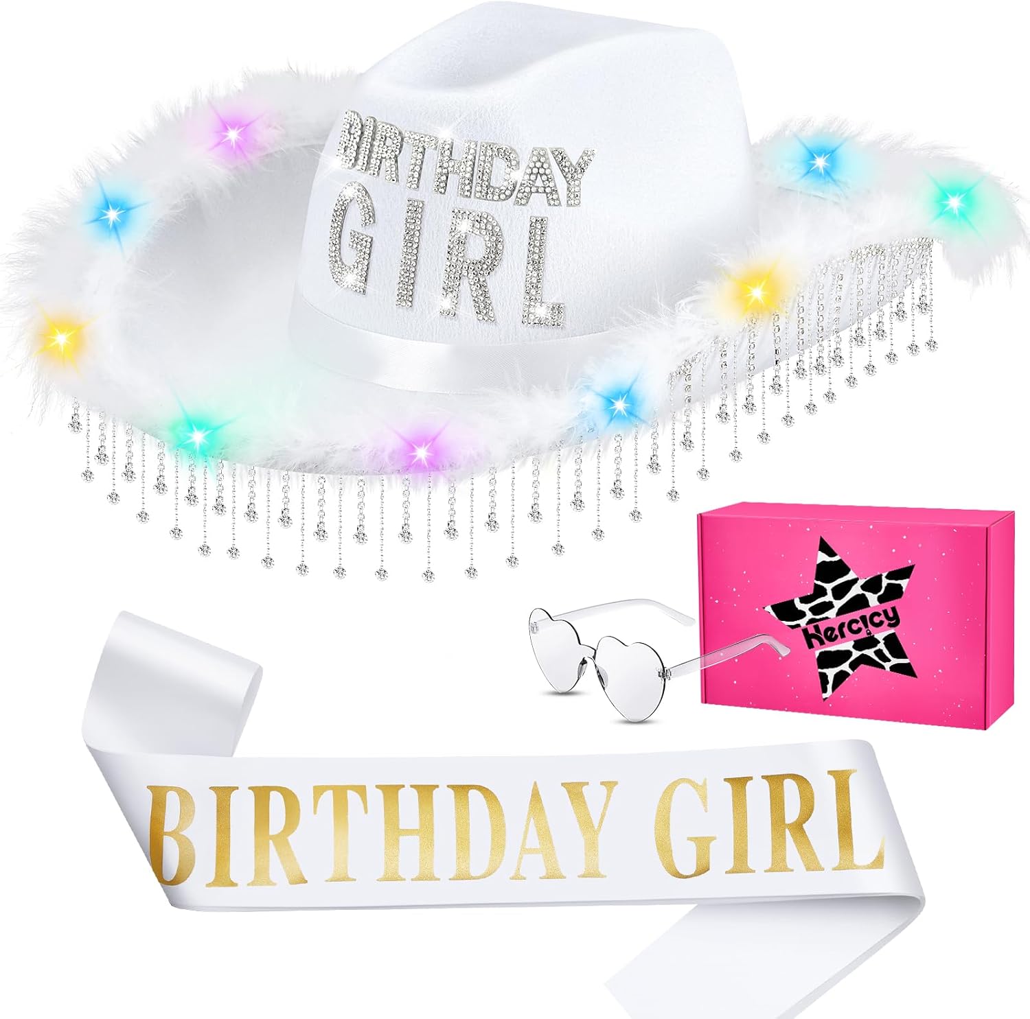 Hercicy 3 Sets Cowgirl Hat Birthday Gifts for Women LED Rhinestone Pink Birthday Hats Sash Heart Shaped Sunglasses for Party
