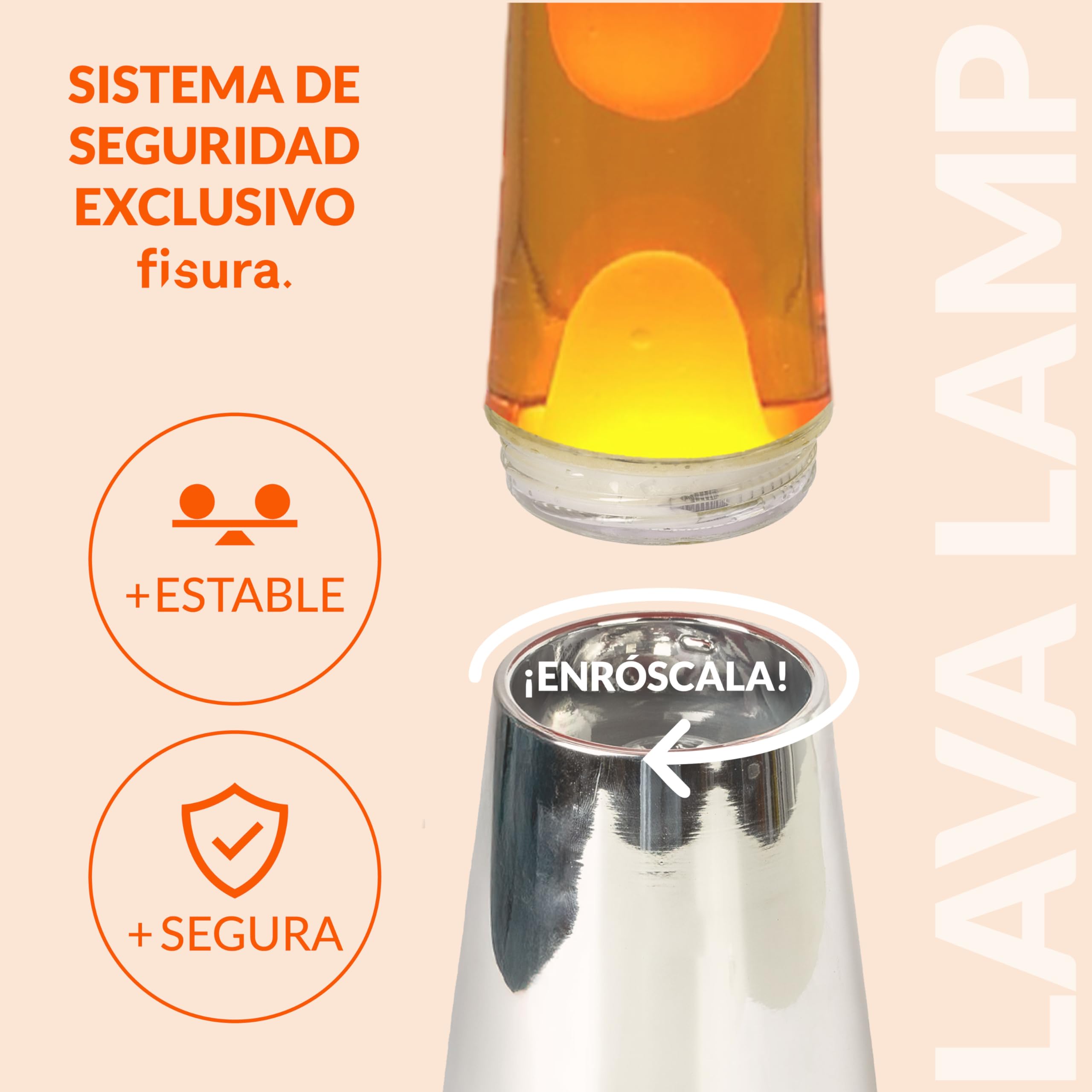 Fisura - Lámpara de lava naranja. Base plateada cromada, líquido y lava naranja. Lámpara efecto relajante. Con bombilla de repuesto. 11 cm x 11cm x 39,5 cm.…