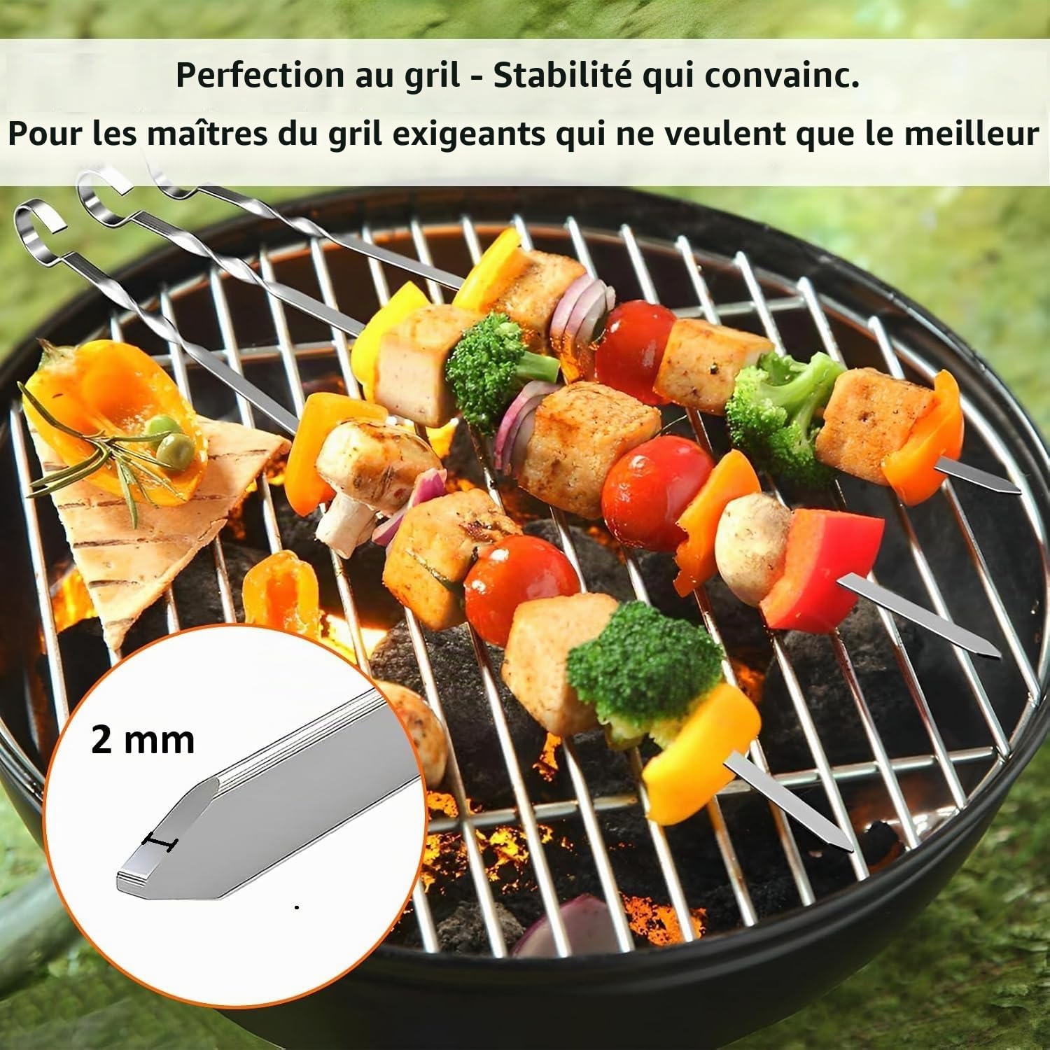 Lot de 10 brochettes de barbecue professionnelles en acier inoxydable - Extra larges : 1 cm et extra épaisses de 2 mm d'épaisseur (10 pièces de 50 cm) - Brochettes à viande et shish kebap Mangal