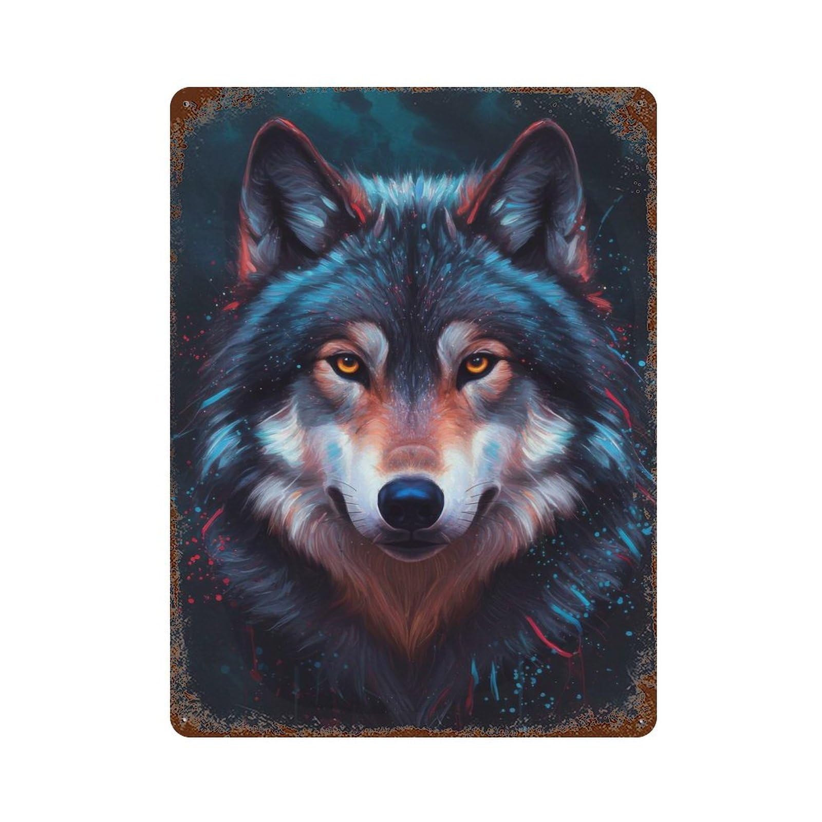 Wolf Portrait with Splashes Rustic Tin Plaque 15.7"x11.8", Ideal for Shed, Workshop And Garage Wall Decor