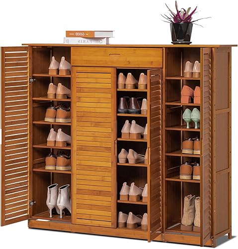 Magshion Organizador de zapatos de bambú de 7 niveles con cajón, puerta ciega, soporte para botas y tacones, organizador de zapatos independiente