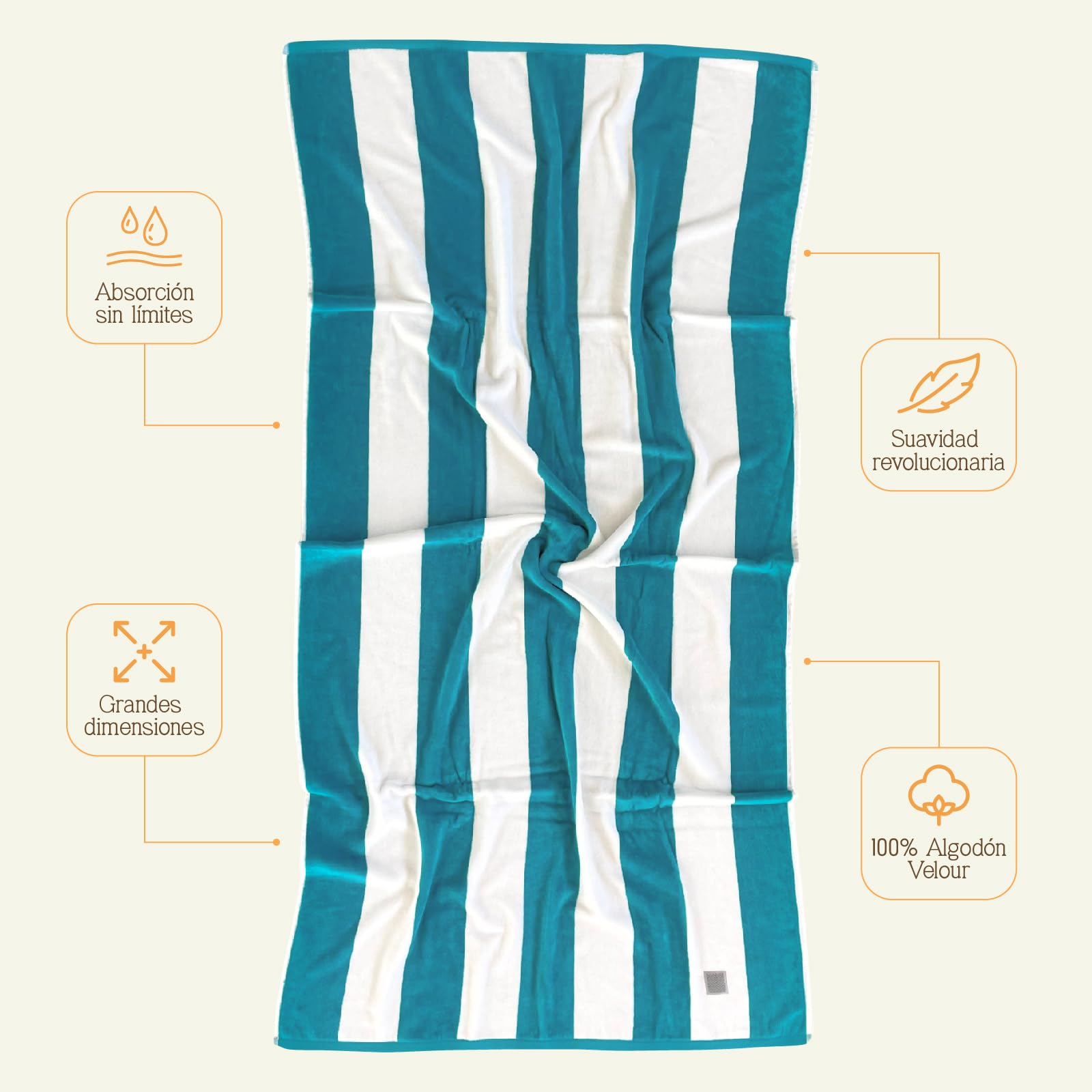 MOMOMUS Toalla de Playa de Algodón Velour 100% - Rayas Cabana, Suave y Ultraabsorbente - Ideal como Toalla de Playa Grande para Piscina, Baño y SPA - Turquesa, 90x180 cm