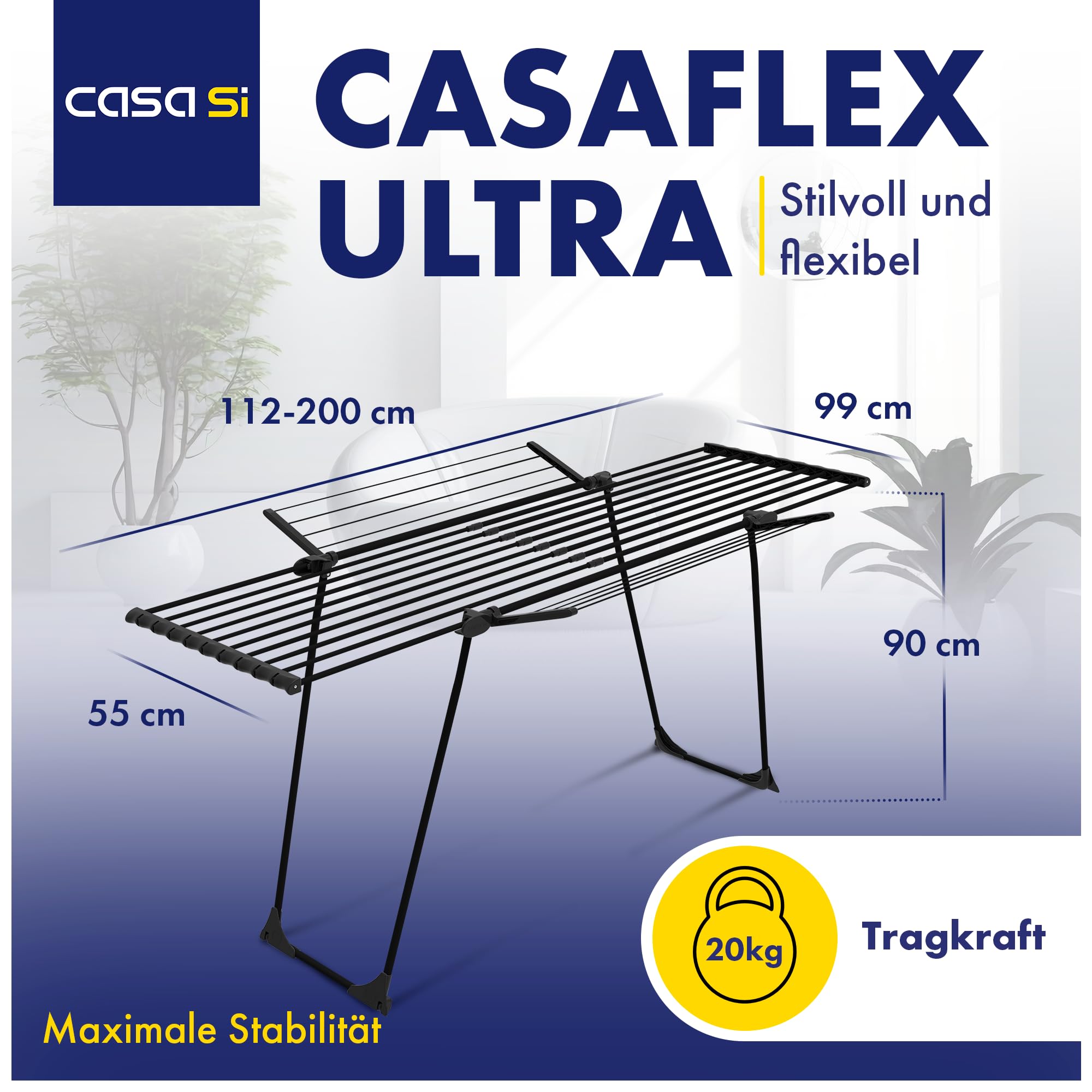 CasaSi® CasaFlex Ultra – Teleskop Wäscheständer 28m – ausziehbar & platzsparend – Wäscheständer Schwarz aus legiertem Stahl für Kleidung, Bettwäsche und Handtücher | Wäscheständer Schwarz aus legiertem Stahl für Kleidung, Bettwäsche und Handtücher