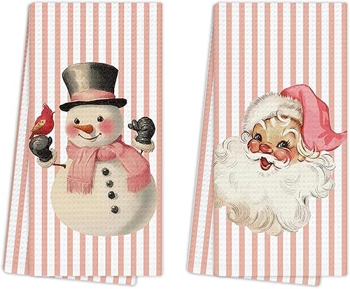 Toallas de cocina de Navidad rosas, toallas de mano retro de muñeco de nieve de Navidad para decoración de baño, paños de cocina a rayas rosas para