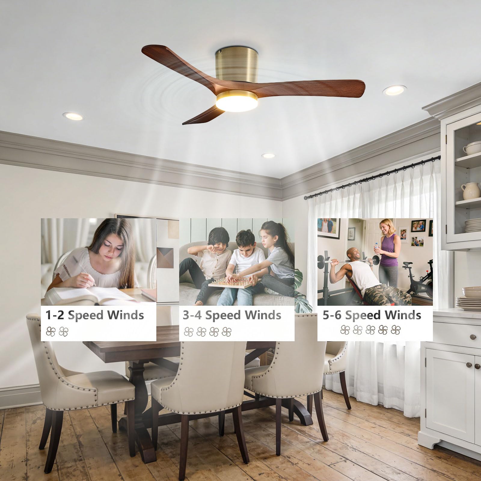 Ventilador de Techo de Madera de Nogal con luz, Moderno, silencioso, LED Regulable para Dormitorio, Comedor y Sala de Estar. Control Remoto Inteligente/aplicación/Voz.