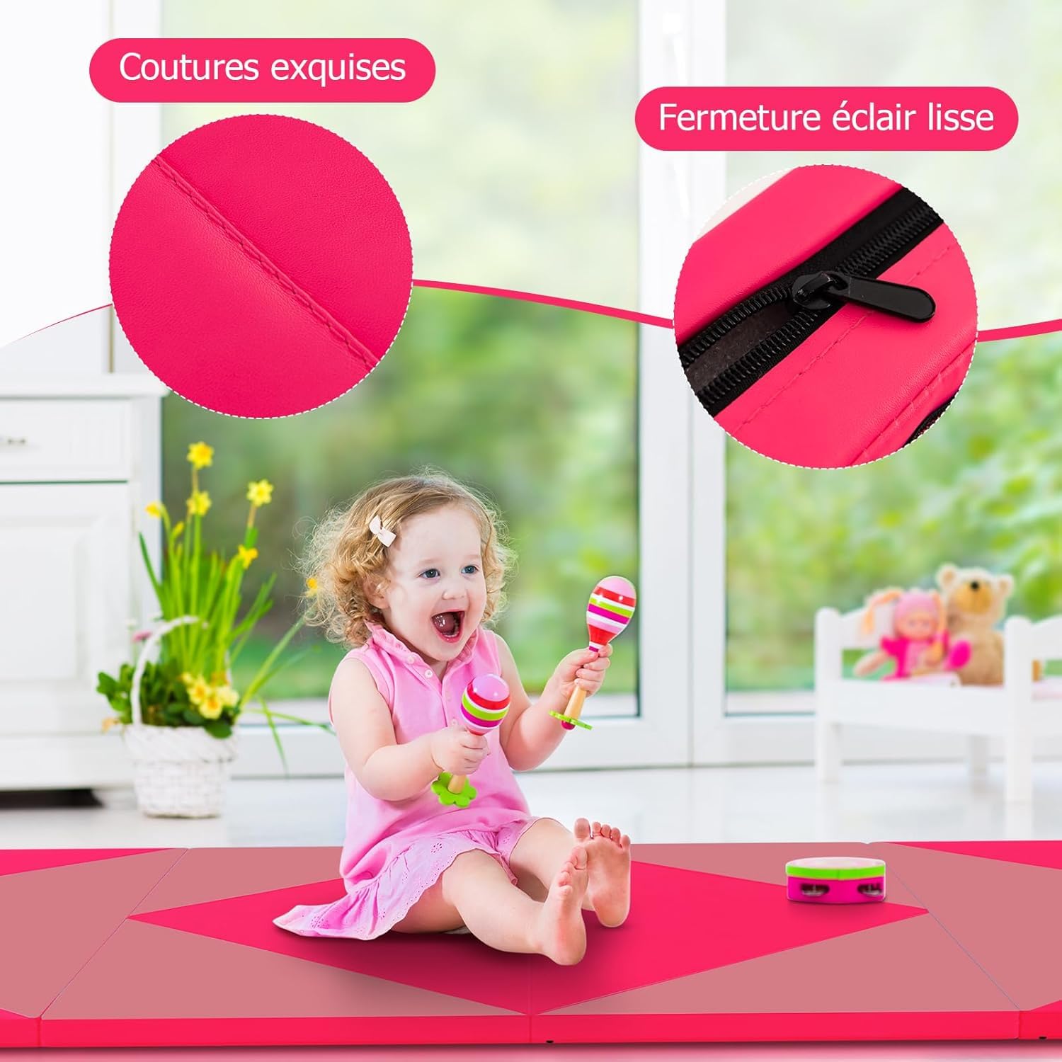 GOPLUS Colchoneta de Gimnasia Plegable, 240x117x5cm, Esterilla de Entrenamiento de Cuero Artificial con Asas de Transporte, Alfombra de Suelo para Fitness Yoga (Rosa + Melocotón)
