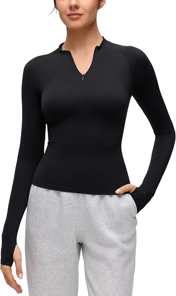CRZ YOGA Softembrace Half Zip Long Sleeve Top | Casual, Ultra Soft, Tight Fit, Waist Length, Thumbholes, Shirts for Women
