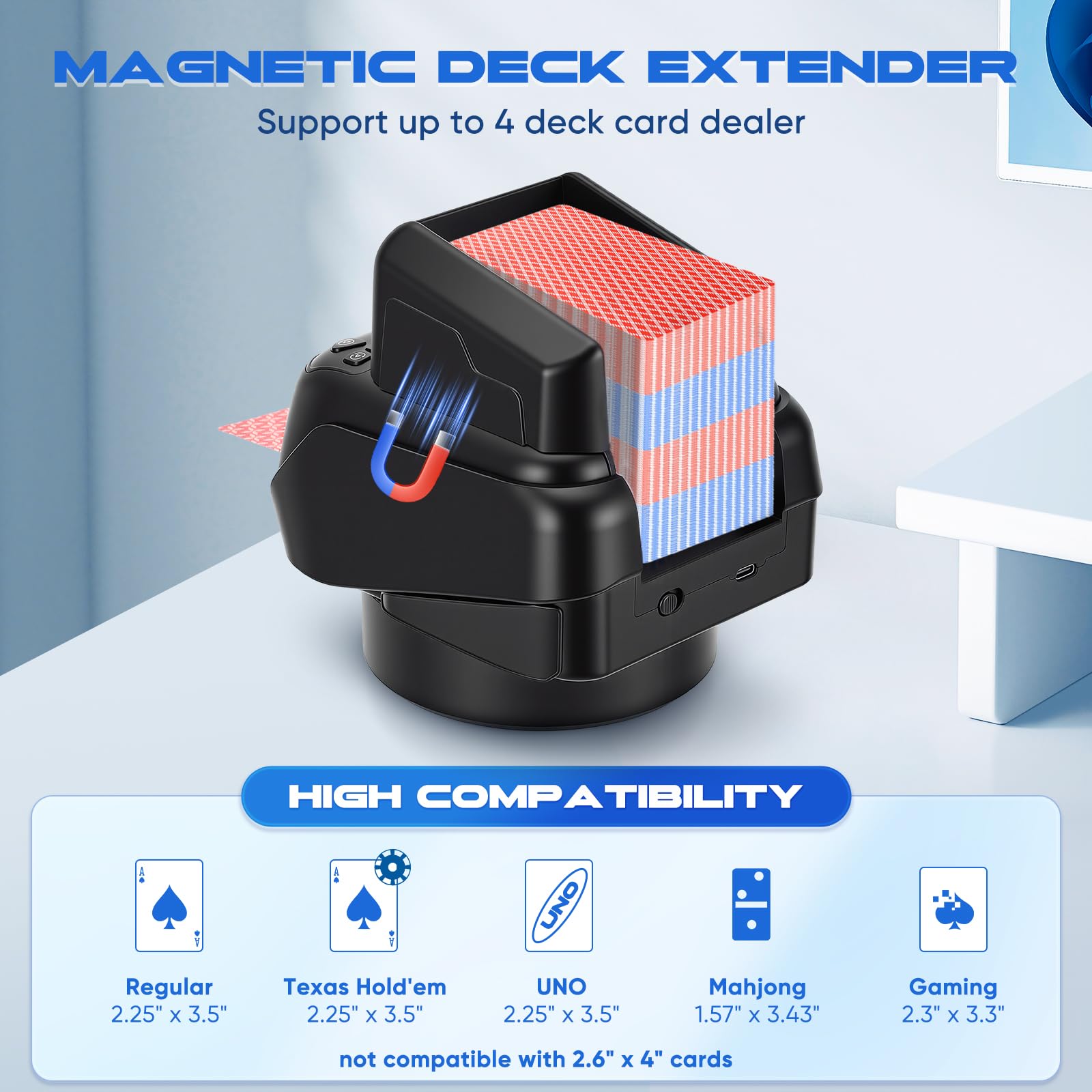 Dispenser di carte automatico, 8 giocatori regolabili, capacità fino a 4 mazzi di carte, base girevole a 360°, modalità di trasmissione di carte diagonale/oscillante per poker, UNO (FPJ-B)