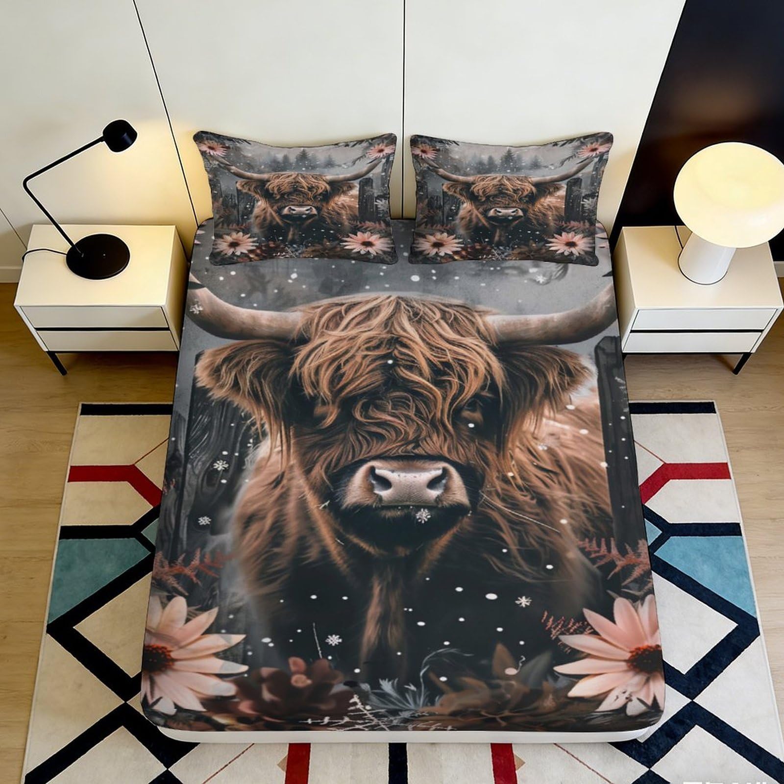 Ctjqhvmx Style-2 3D Printed Highland Cow Fitted Sheet Microfiber Deep Pocket Non-Slip Bedding Set Highland Cow Mattress Fitted Cover Washable 90X200x25cm 90X200x25cm