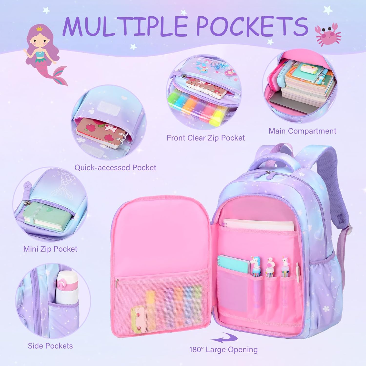 Kids School Backpack for Girls, Mermaids Bookbag Backpack with 14OZ Water Bottle, GirlsTeens Middle Student, Girls Backpacks for School (4pcs Water Bottle) - Image 3