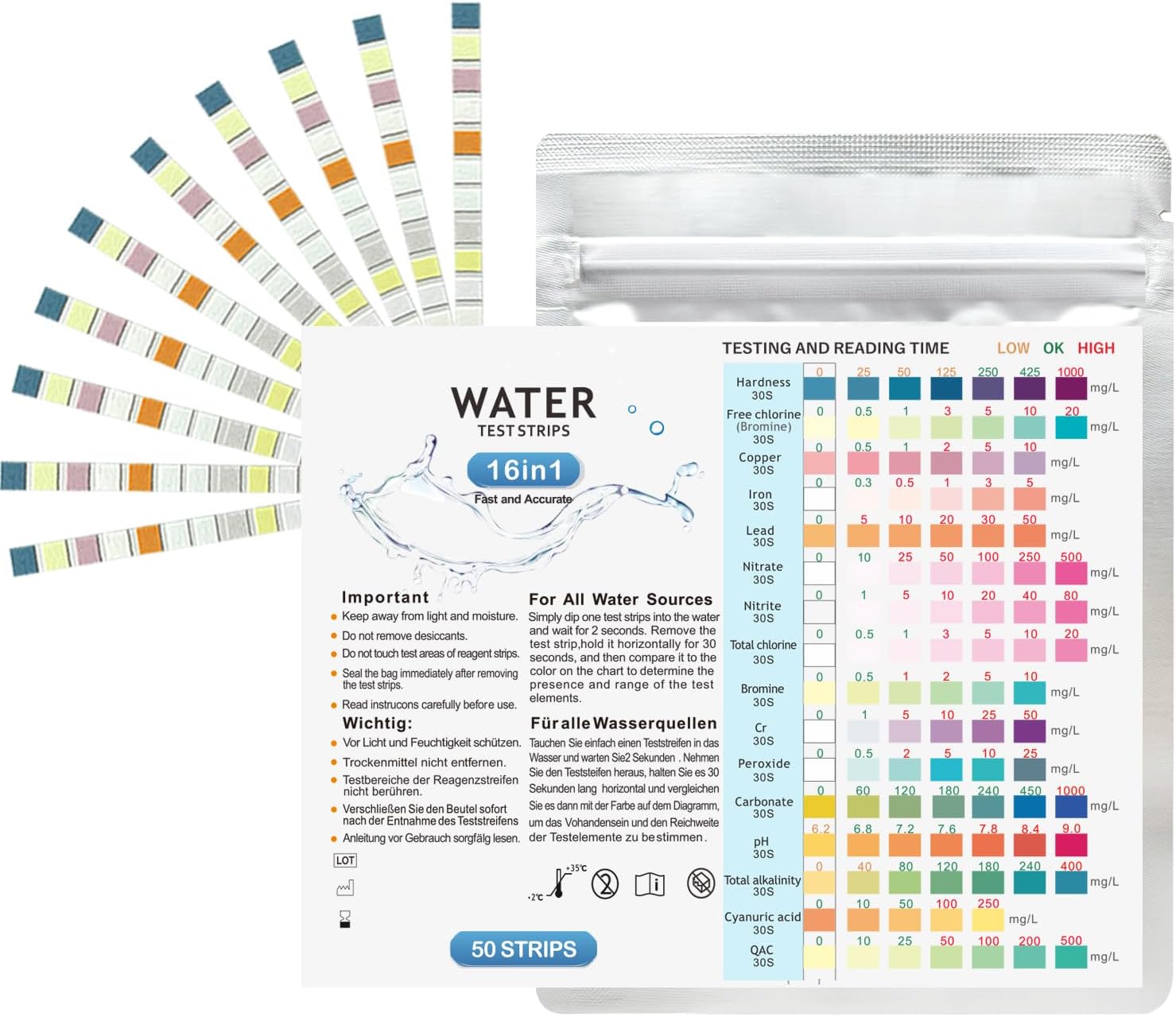 50-Pack 16-in-1 Water Testing Kits for Drinking Water, Fast Test Strips to Measure Water Hardness, Free Chlorine, Iron, Lead, Nitrate, pH, Ideal for Tap Water, Well Water & Home Water Quality Testing