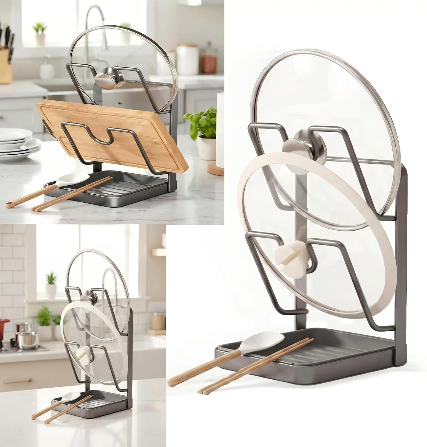 Pot Lid Organizer, Pot Lid Holder, Kitchen Pots Lids Storage Rack, Pots Cover Holder Rack, Pan Lids Holders While Cooking, For Various Lids and Utensils, With Removable Drip Tray