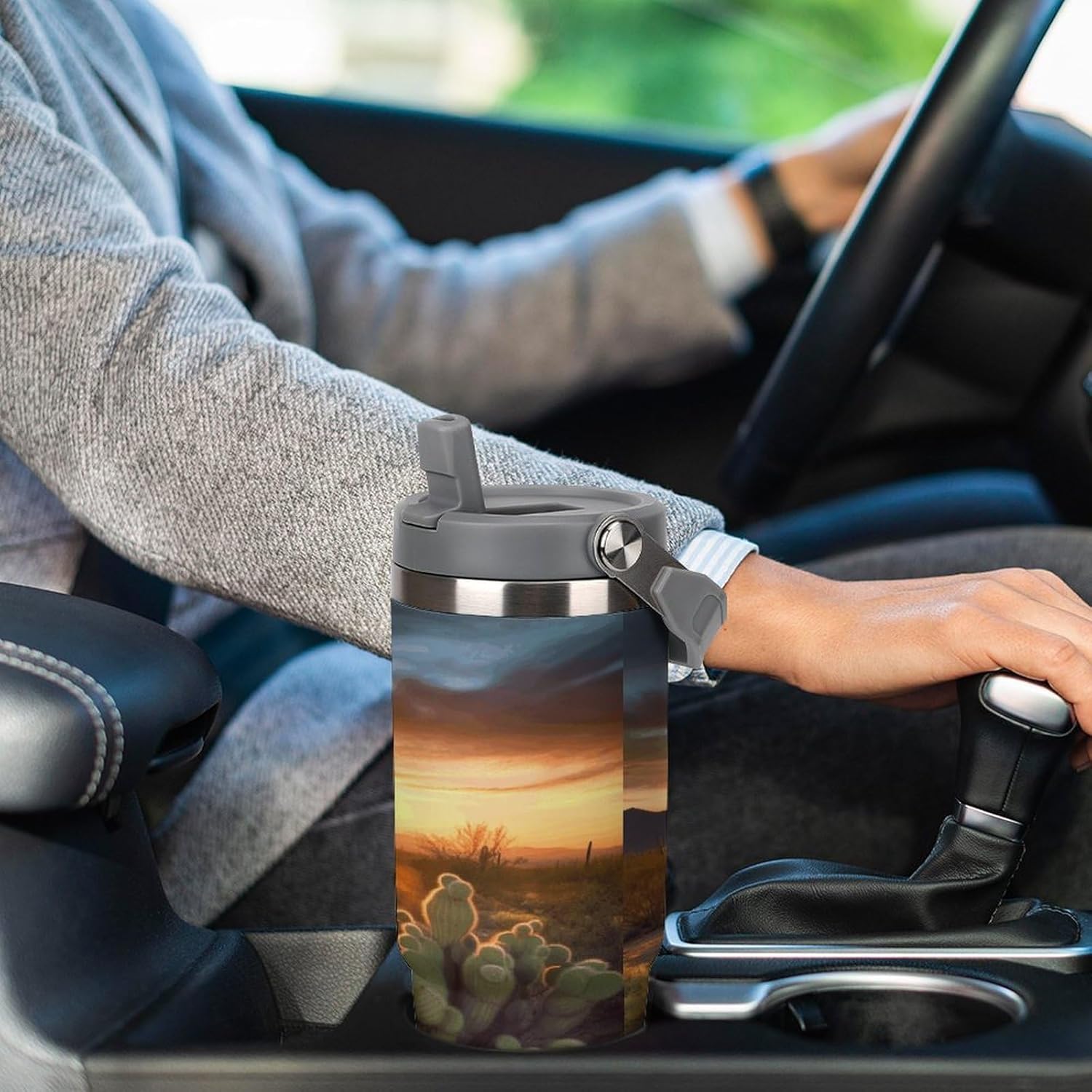 Cactus Desert Sunset Water Bottle 30 Oz Fits Car Cup Holder,Insulated Coffee Mug Large Capacity Car Cups,Stainless Steel Double Wall Sport Bottle for Travel Sports Gym