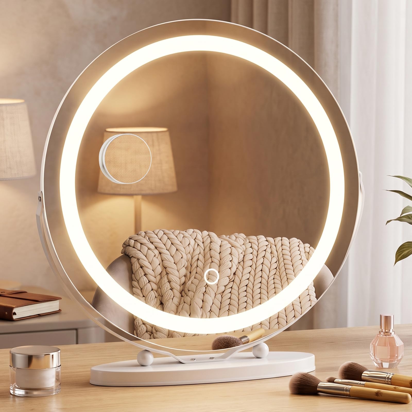 Miroir de courtoisie Hollywood avec lumières,Miroir de Maquillage Rond à Del de 48 cm avec 3 Modes d'éclairage, grossissement x10,contrôle Tactile,lumière à intensité Variable,Blanc
