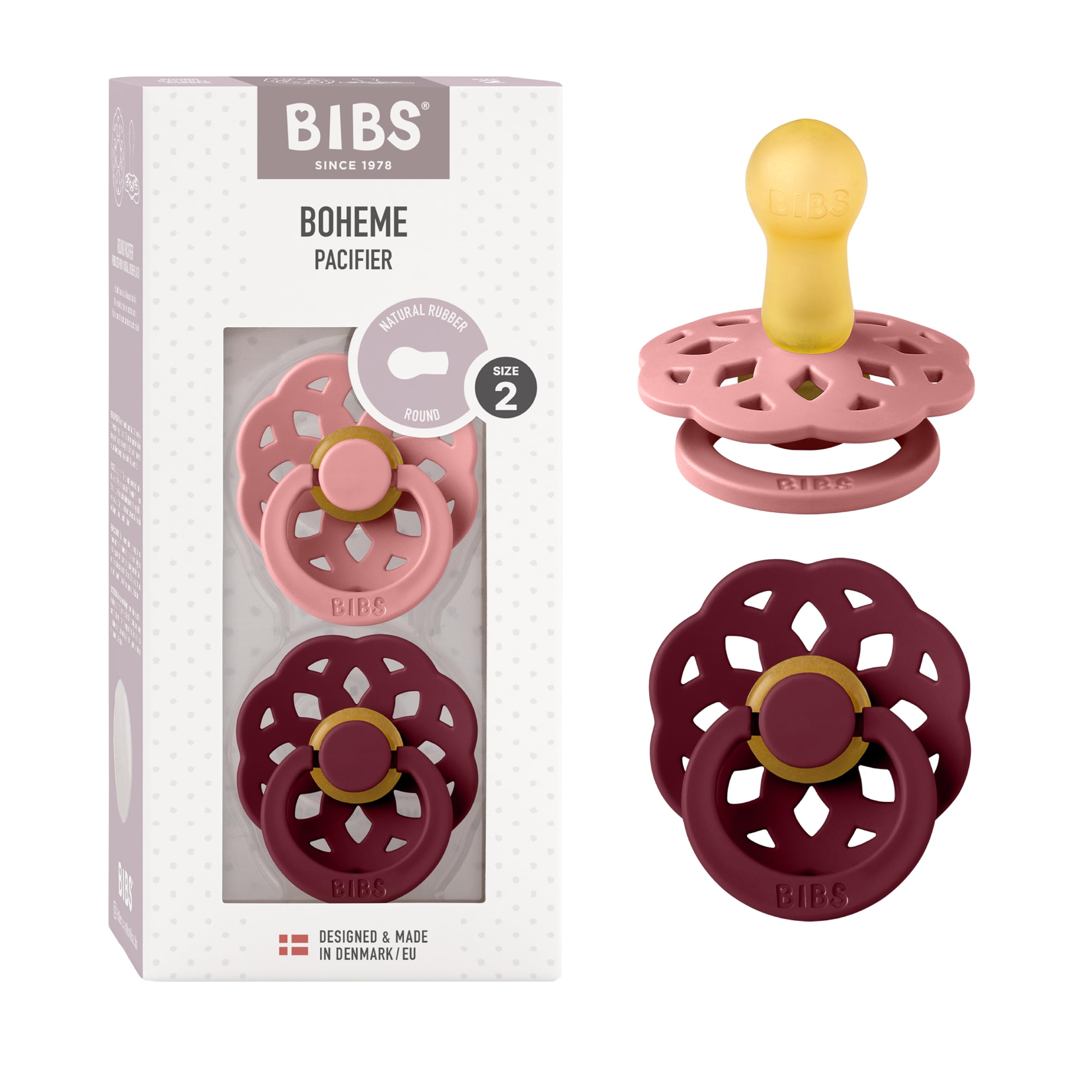 BIBS Pacifiers 6-18 Months Boheme Collection 2-Pack BPA-Free Round  Nipple Made in Denmark Dusty Pink/Elderberry Color Pacifier