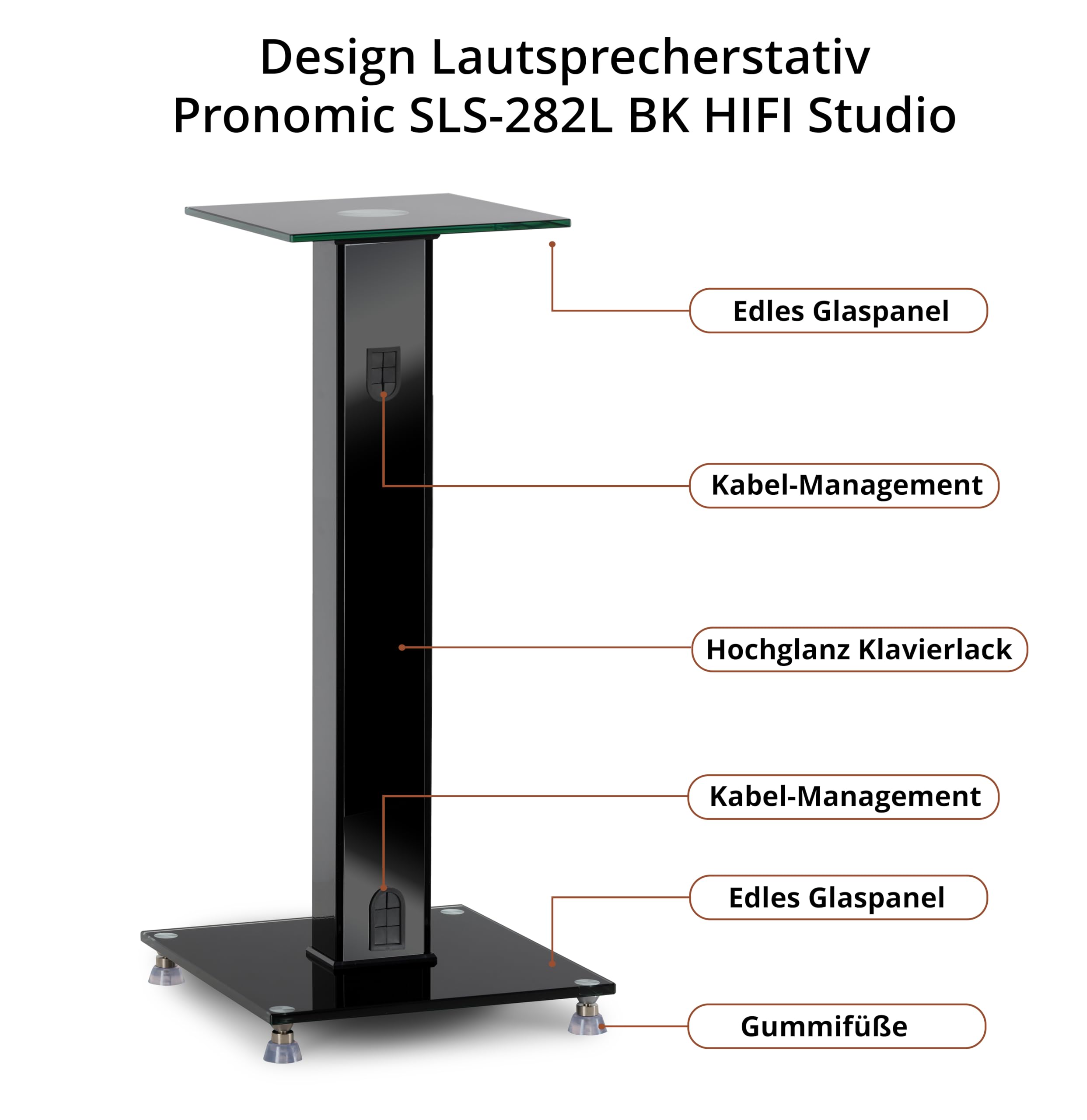 Pronomic SLS-282L BK supporti per diffusori: design elegante con 2 lastre di vetro, altezza regolabile 73 cm, portata 10 kg ciascuno, gestione cavi nascosta. Ideale per monitor o impianti Hi‑Fi. Nero